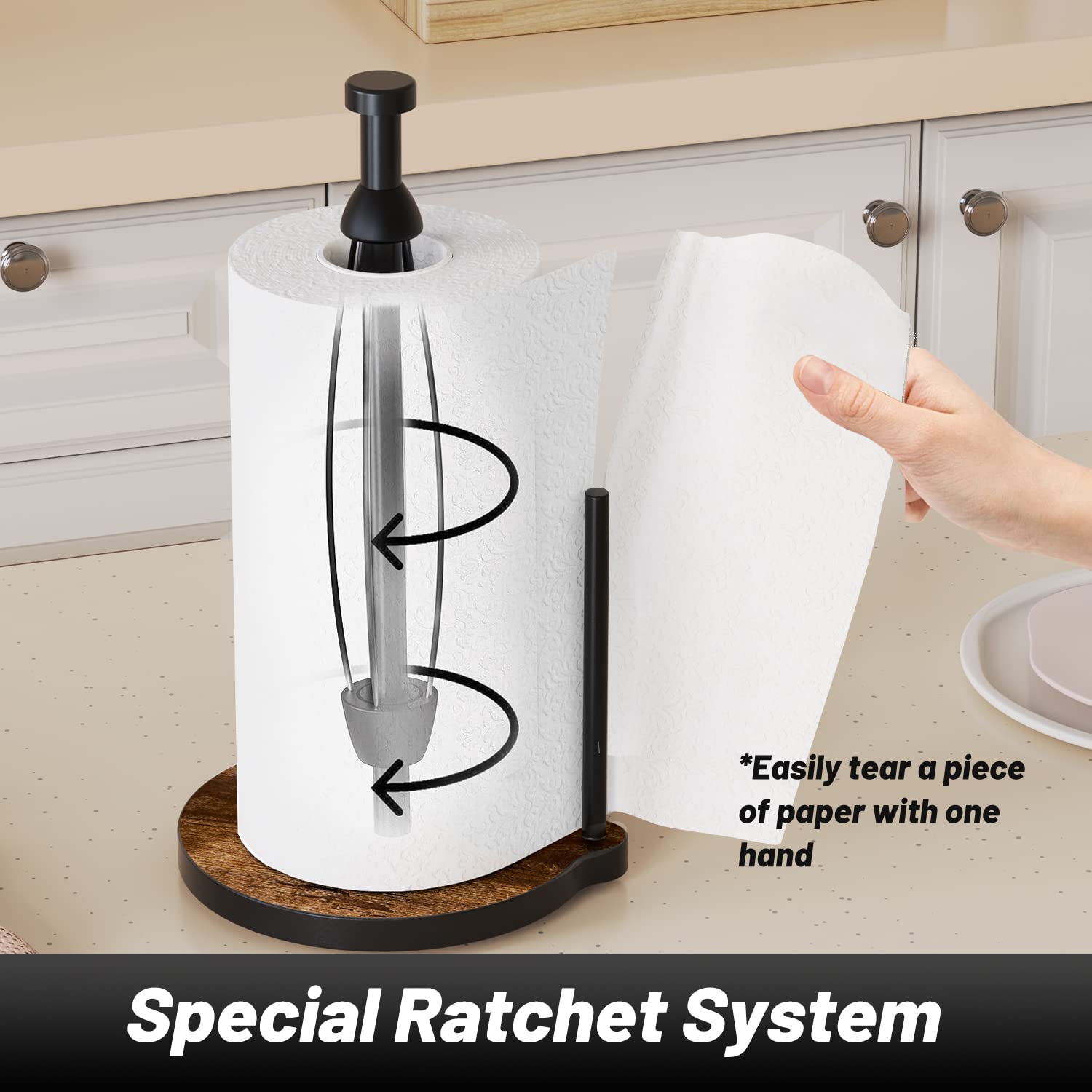 Vehhe Paper Towel Holder Countertop, One-Handed Tearing Wood Paper Towel Holder Farmhouse With Ratchet System And Suction Cups,