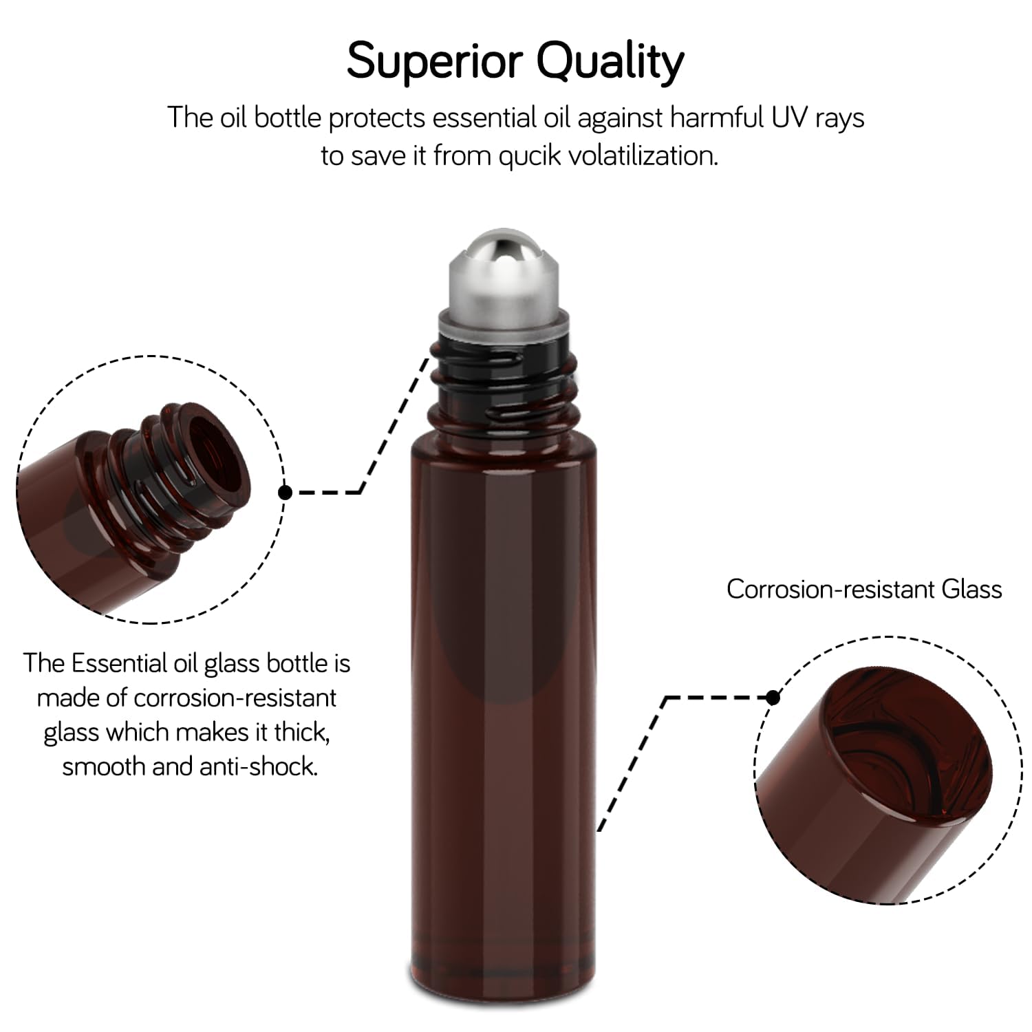 PrettyCare Amber Glass Roller Bottles Set of 12, 10ml, Refillable, Leak-proof with Stainless Steel Roller Balls, Black Caps for Essential Oils