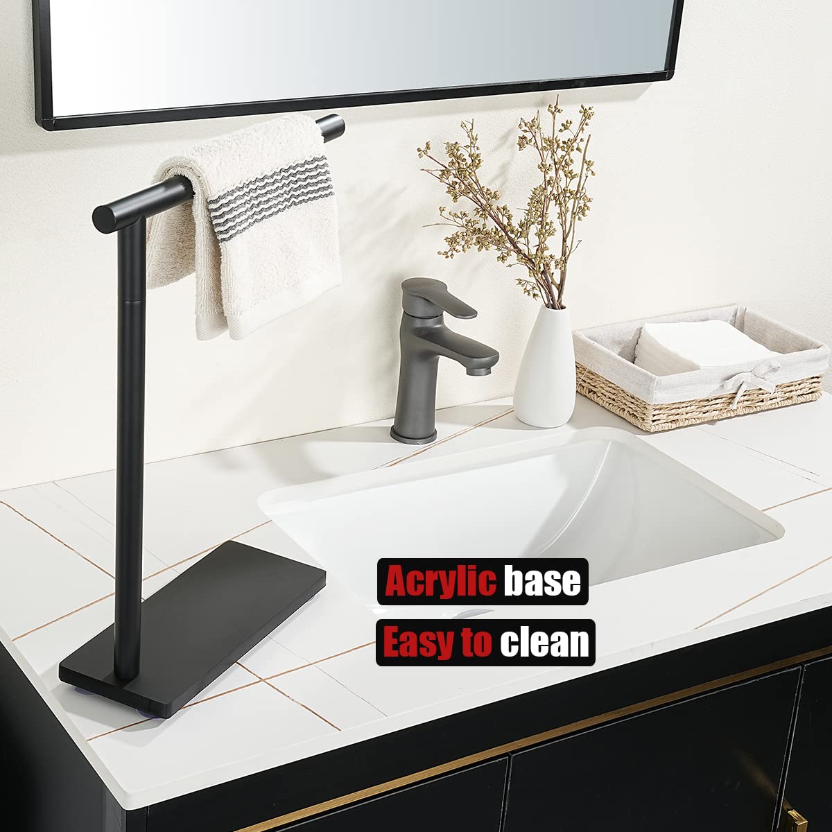 JQK Hand Towel Holder Stand Black  Modern Tree Rack Free Standing for Countertop with 12 Inch Bar  304 Stainless Steel Matte Black Thicken 0.8mm  HTT170-PB