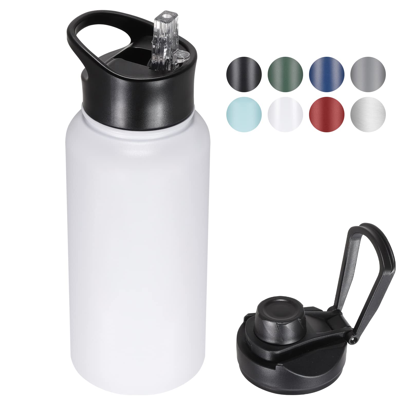 Vqrrcki 32 Oz Insulated Water Bottle With Straw Lid & Wide Mouth Lids, Stainless Steel Sports Water Bottles, Double Walled Vacuu