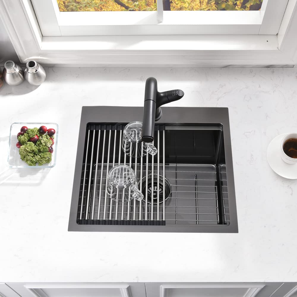 21 Inch Black Drop In Bar Sink Workstation-Bokaiya 21X20 Bar Sink Drop In Wet Bar Outdoor Rv Sink 16 Gauge Black Stainless Steel