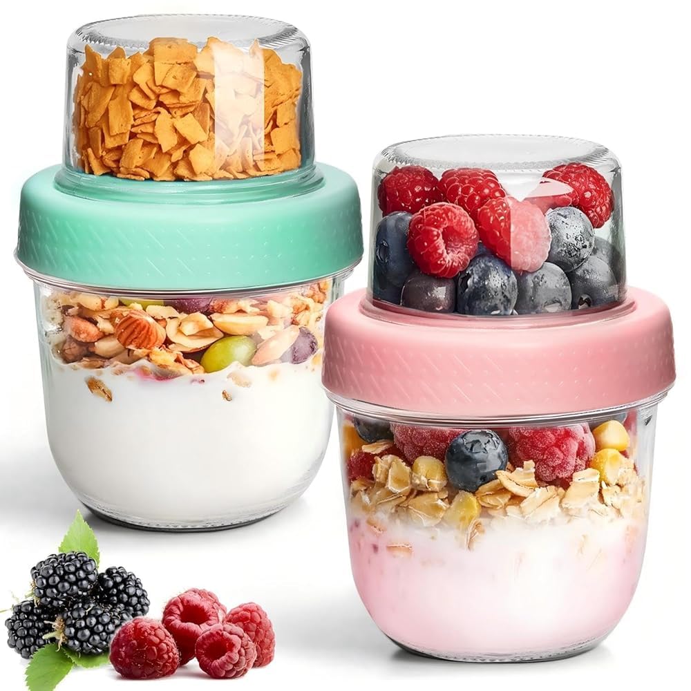 ComSaf Overnight Oats Containers with Lids (8oz+4oz, 2Pcs), Glass Yogurt Parfait Cups for Cereal Nut Fruit, Dual-Layer Chia Pudd