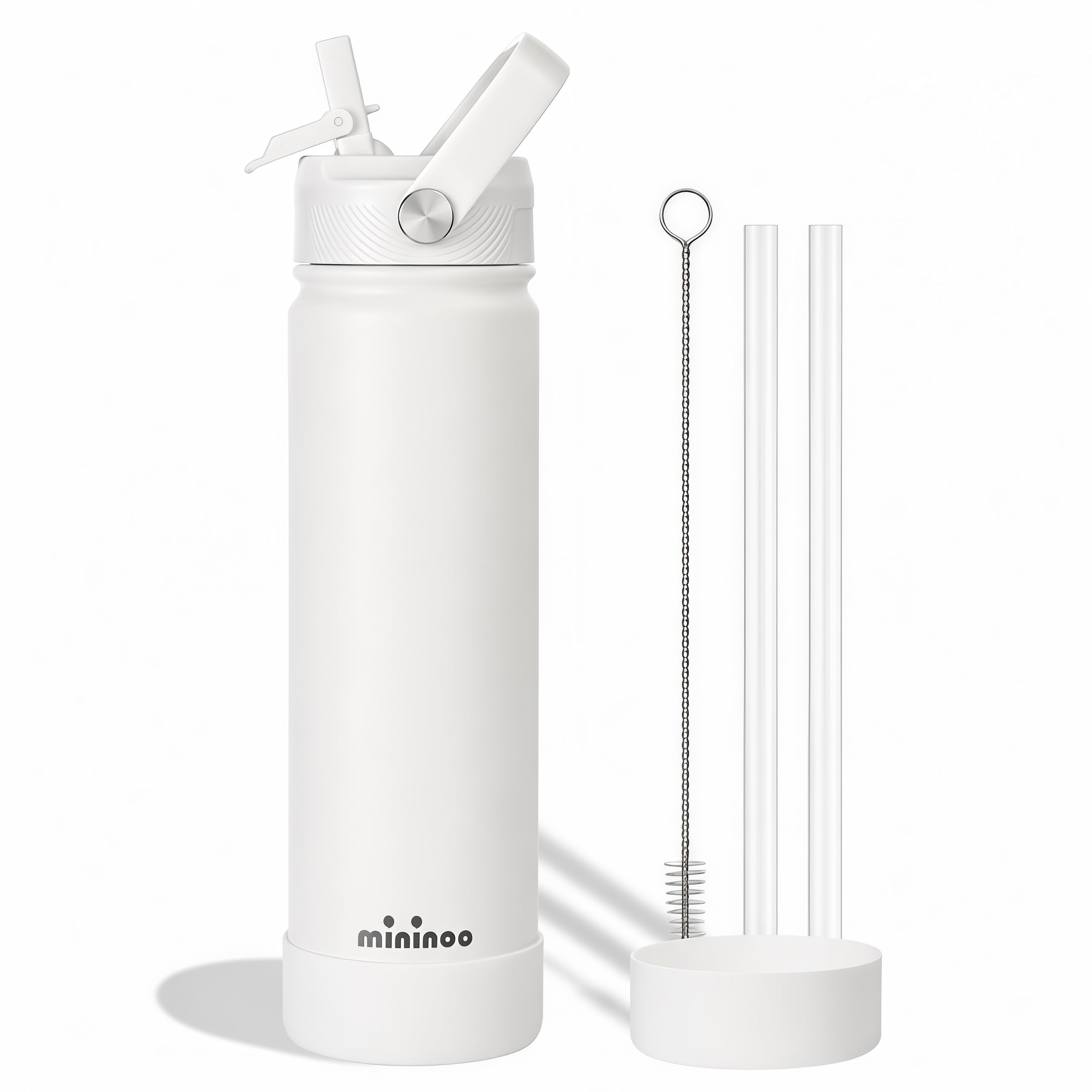 Mininoo 24 oz Insulated CeramicLined Water Bottle with Straw, White