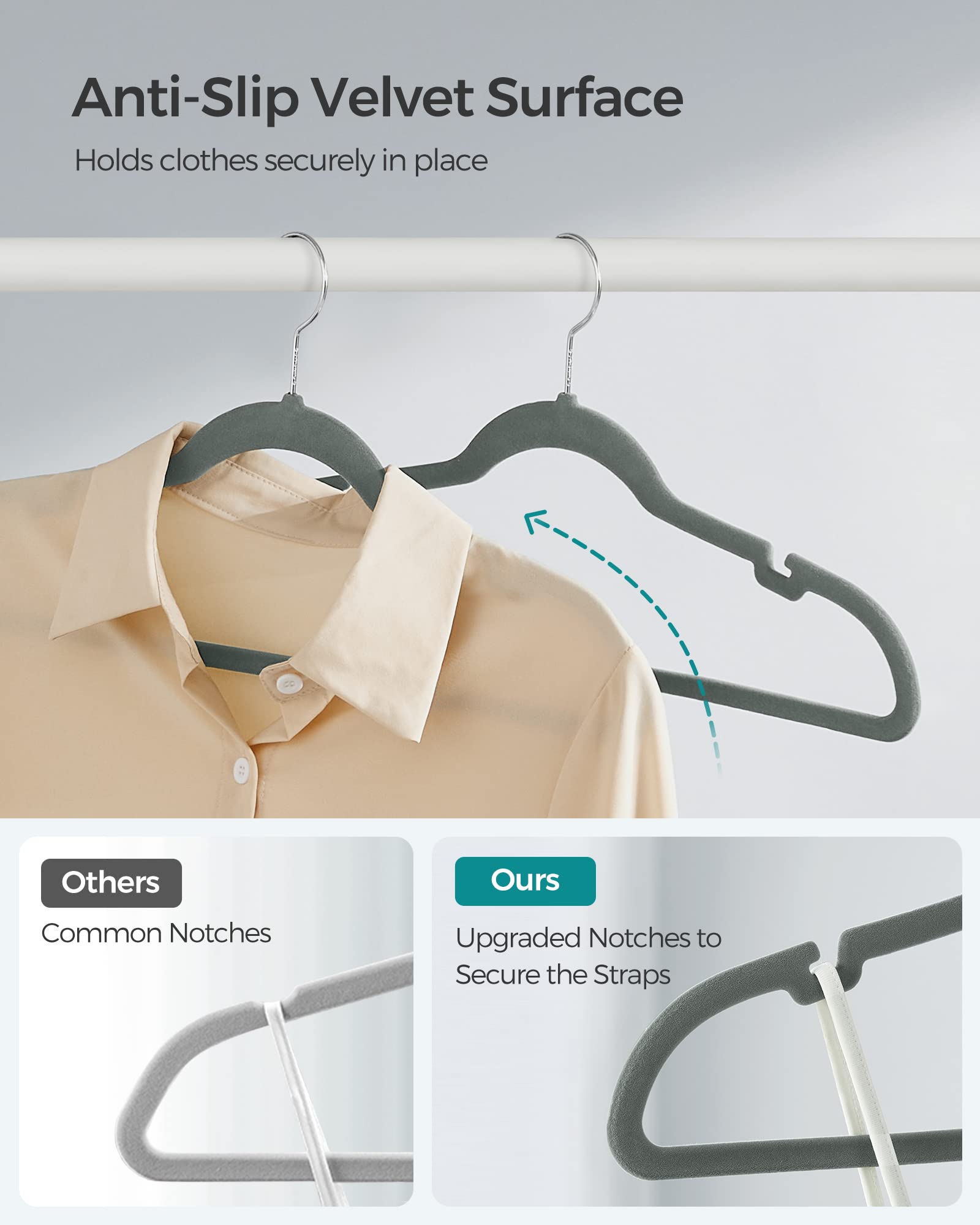 Songmics Velvet Hangers 100 Pack, Non-Slip Clothes Hangers, Suit Hangers With Shoulder Notches, Pants Bar, 360 Swivel Hook, Spac