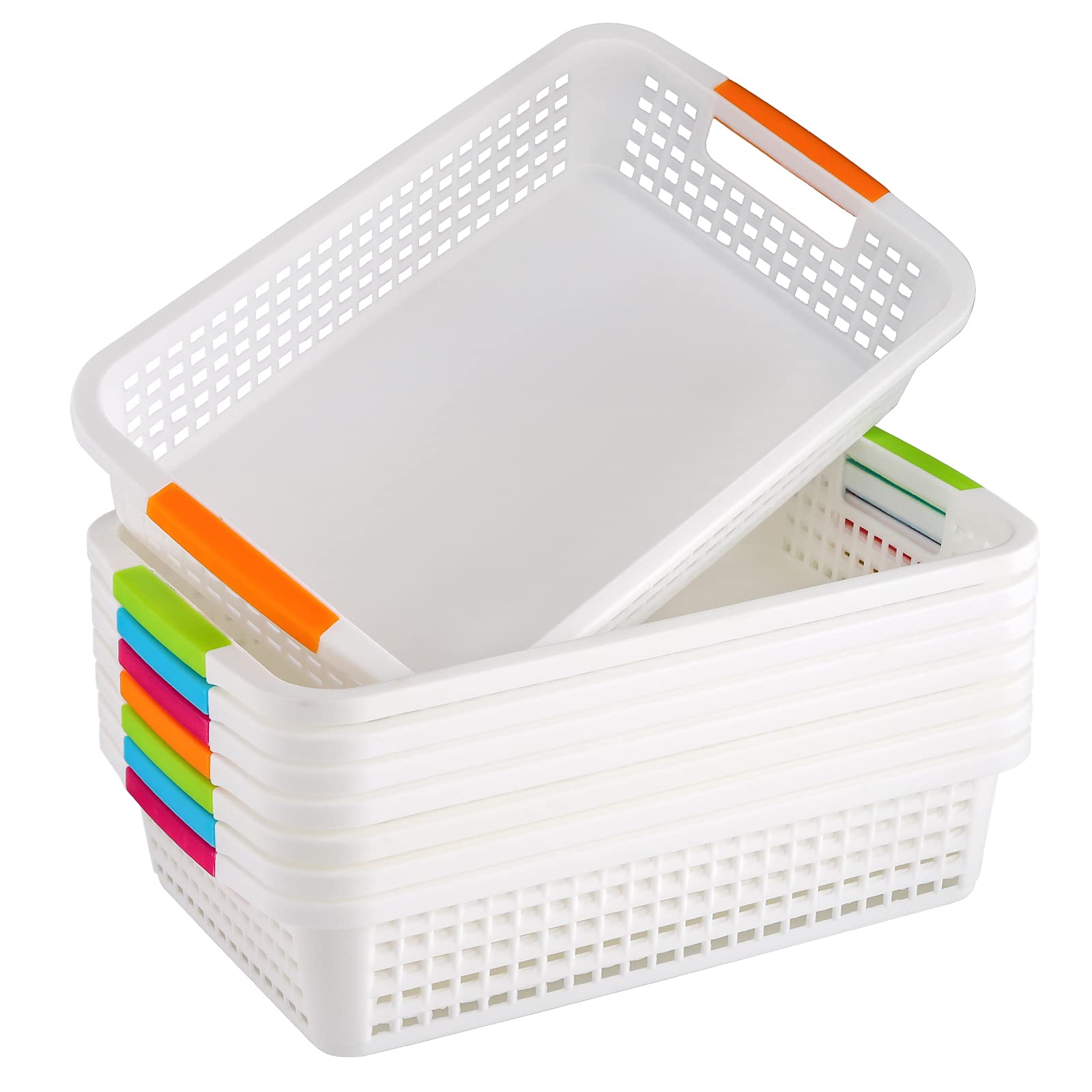 Lawei 8 Pack Plastic Storage Basket With Handle - 12 X 7.6 X 2.6 Inch Pantry Organizer Basket Bins Shelf Baskets For Organizatio