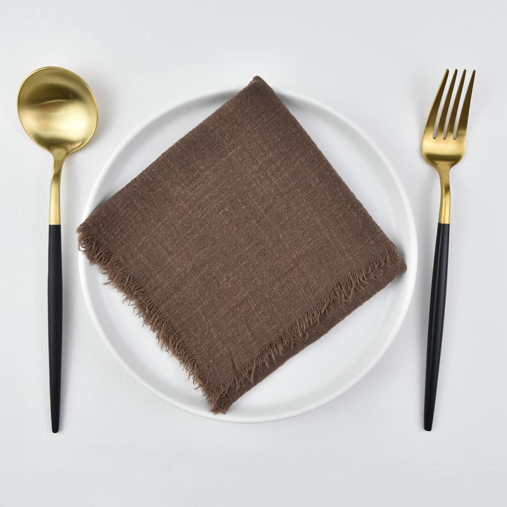 Joanlody Handmade Gauze Napkins 16.5x16.5 Inches Cotton Cloth Napkins with Fringe Rustic Dinner Napkins for Wedding Party Set of 10 Coffee