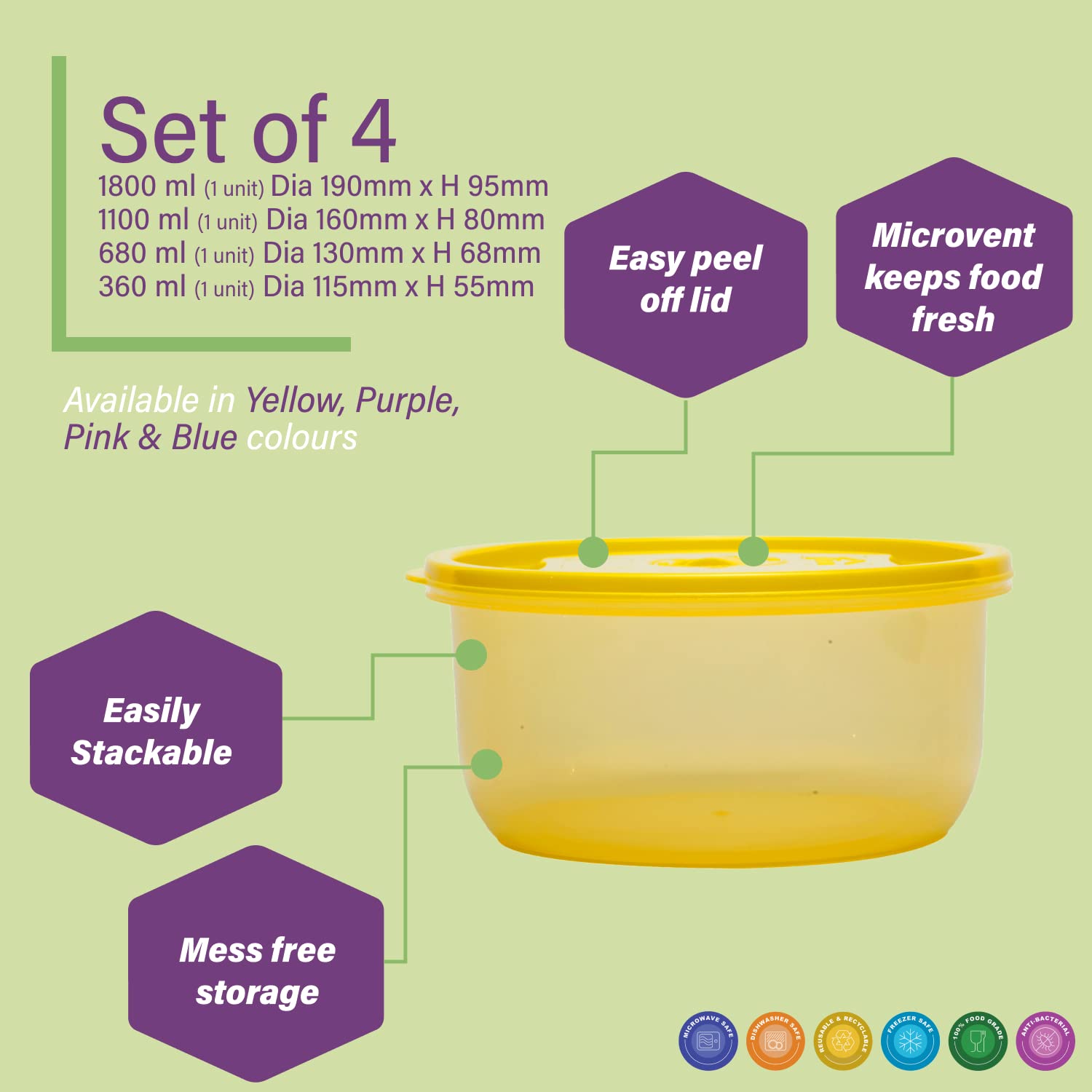 Gluman Plastic Microwave Container Set of 4 With Vent Knob For Steam Release | 100% Food Grade | Dishwasher Safe | Freezer Safe