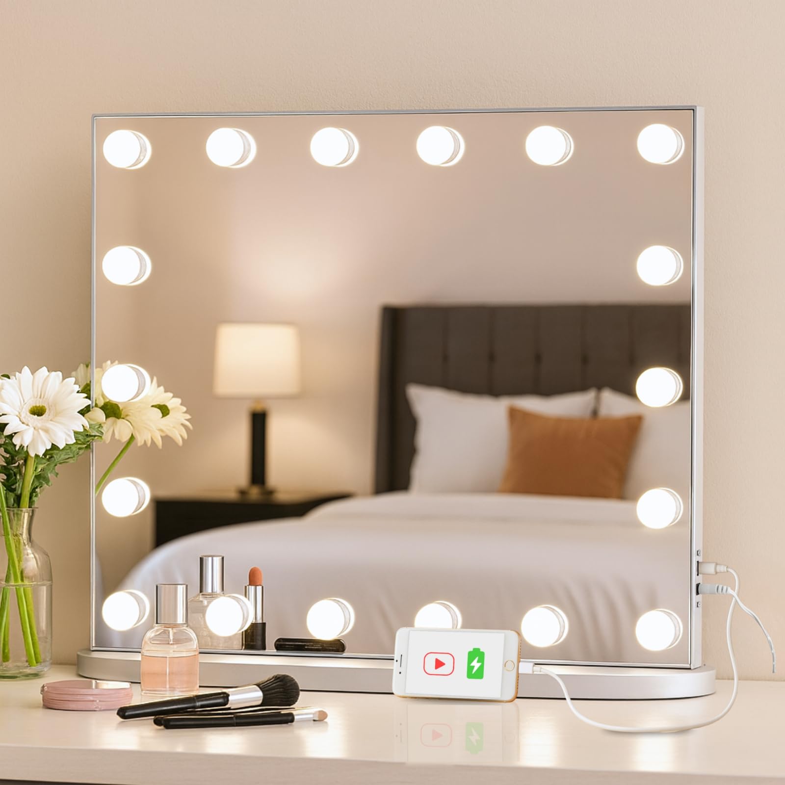LUXFURNI Hollywood Vanity Mirror with Lights, 23.6  Light Up Makeup Mirror with 18 LED Bulbs for Bedroom, 3 Color Lighting Modes