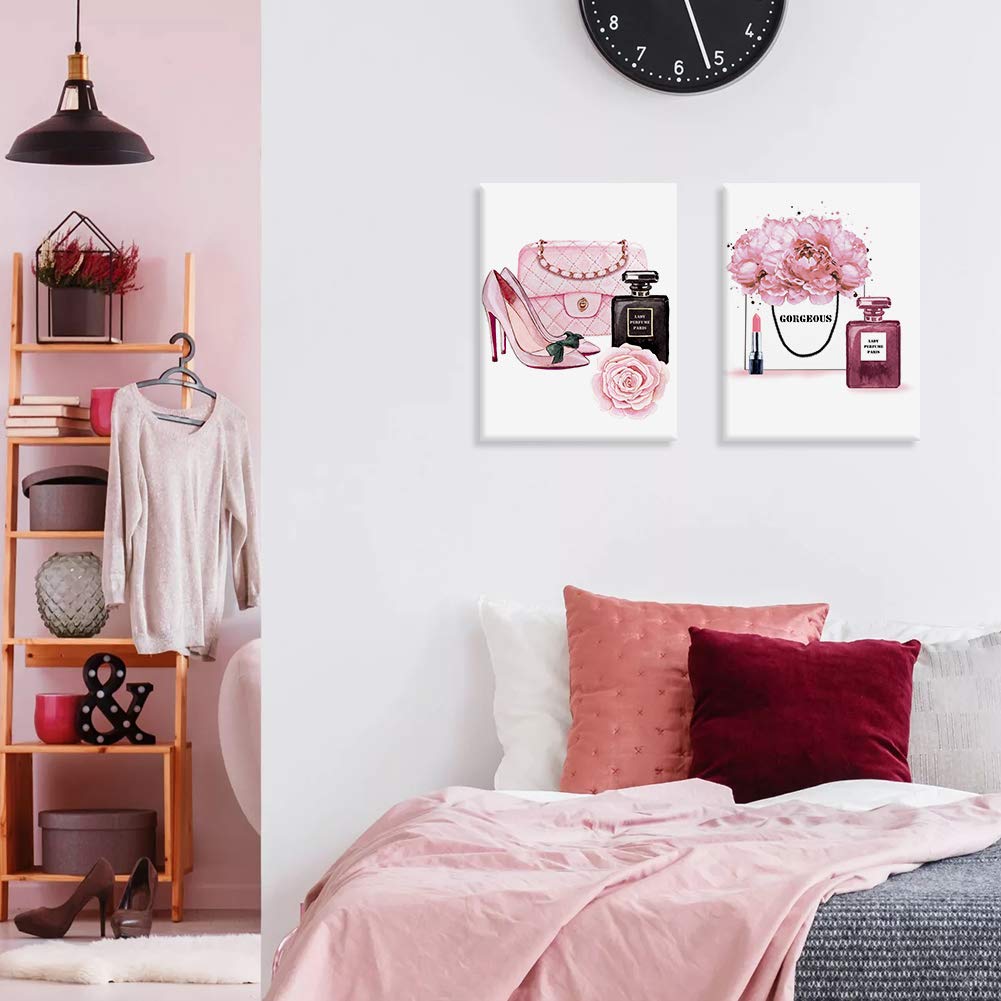 Hpniub Fashion Women Art Print Pink High Heels Flowers Painting Set Of 3 Pieces (11.8X15.6Inch) Canvas Perfume Poster With Frame