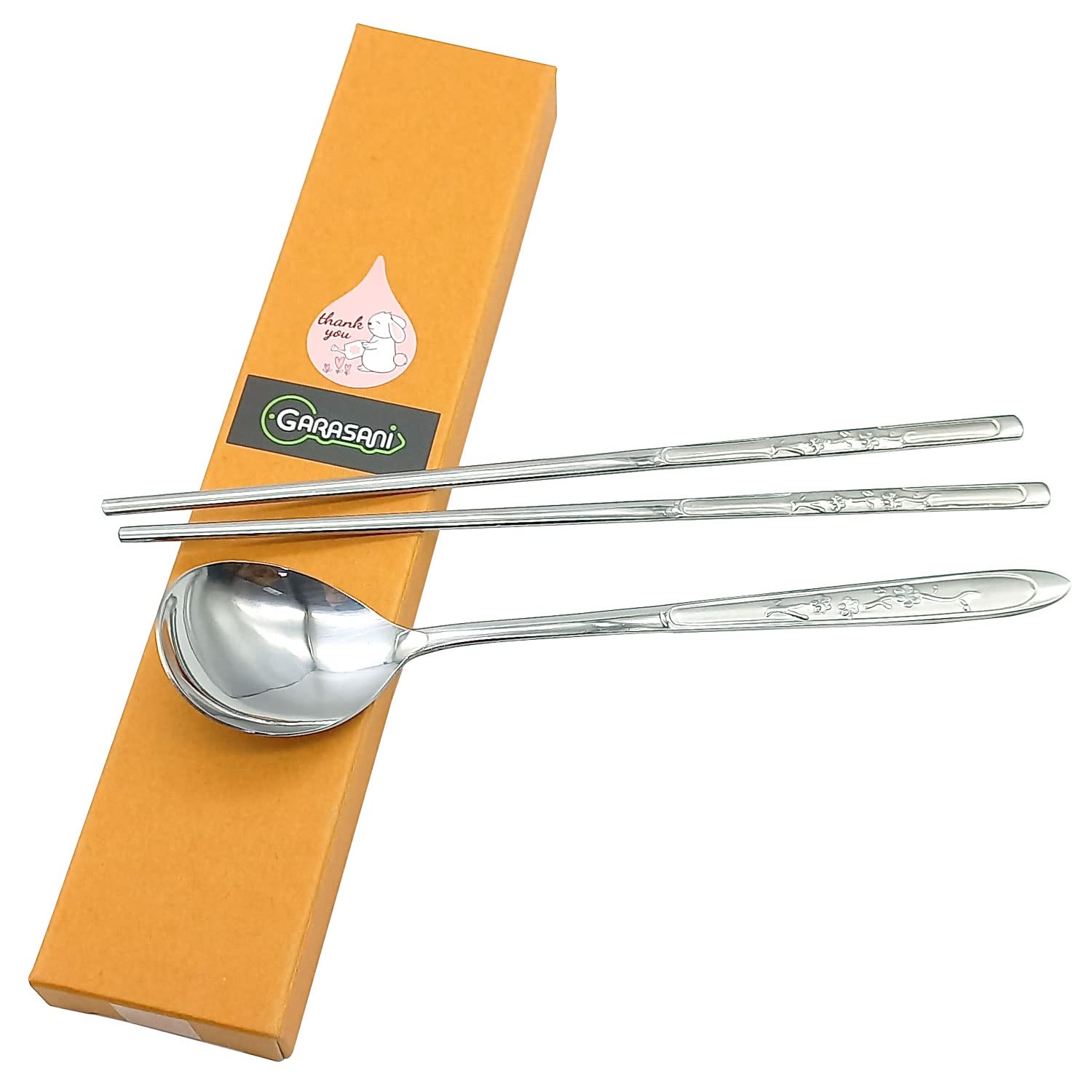 GARASANI Korean Traditional Cutlery Stainless Steel Spoons and Chopsticks Set (Silver Plum blossom)