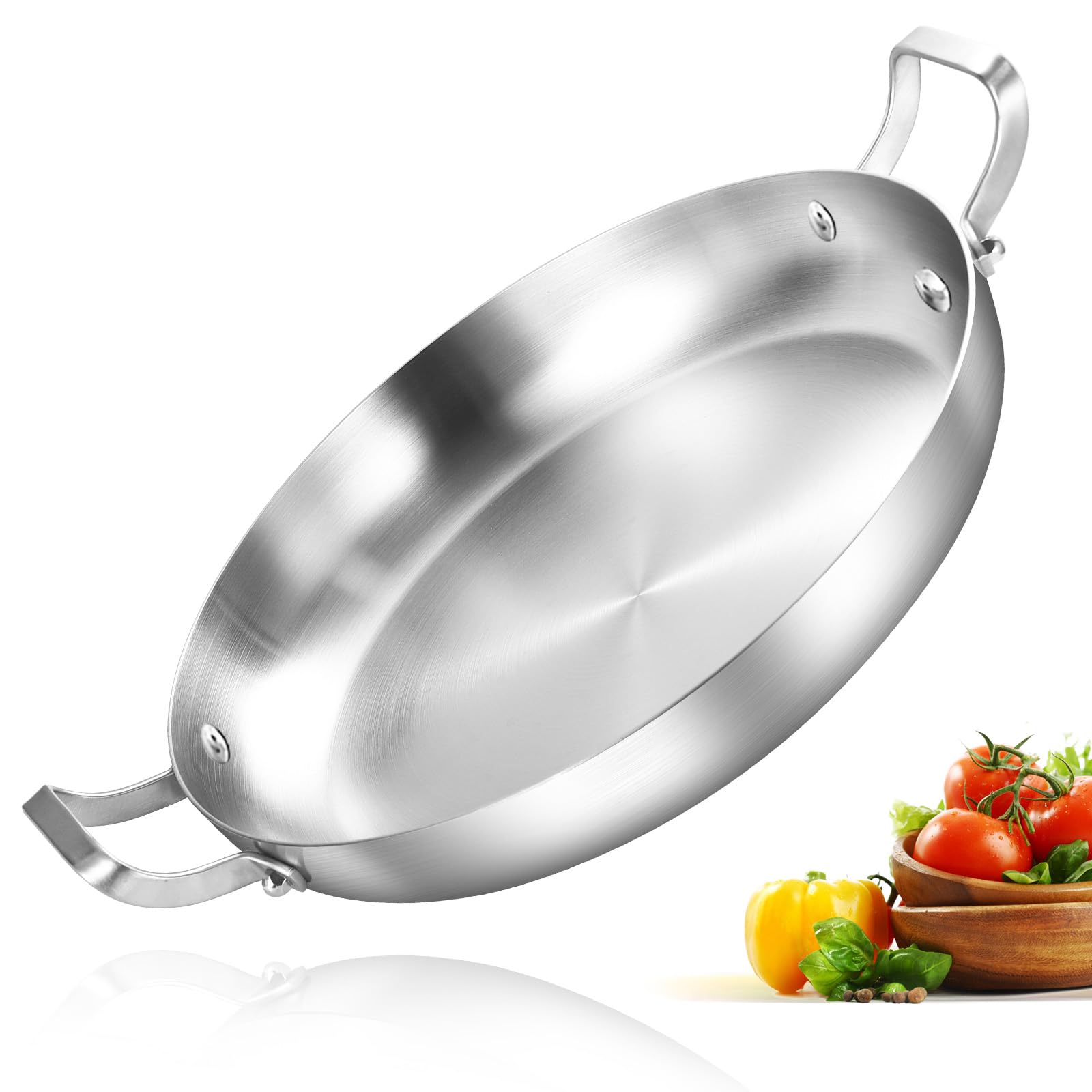 Inqibee 14-Inch Tri-Ply Stainless Steel Paella Pan, Large Skillet,Griddle Pan,Large Frying Pan,Jumbo Cooker,Induction Cookware,D