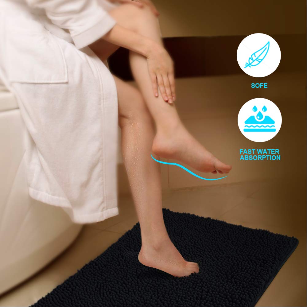 Secura Housewares Soft Microfiber Bathroom Rugs  47 x 28 Inches Non Slip Bath Mat for Door  Bathroom & Kitchen with Water Absorbent  Machine Washable (Black)