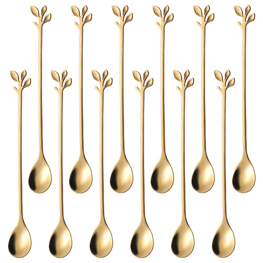 Ansaw Leaf Handle Long Teaspoons, 7.4 '' Gold Coffee & Tea Stirring Spoons, Stainless Steel Coffee Stir Spoon Set Of 12