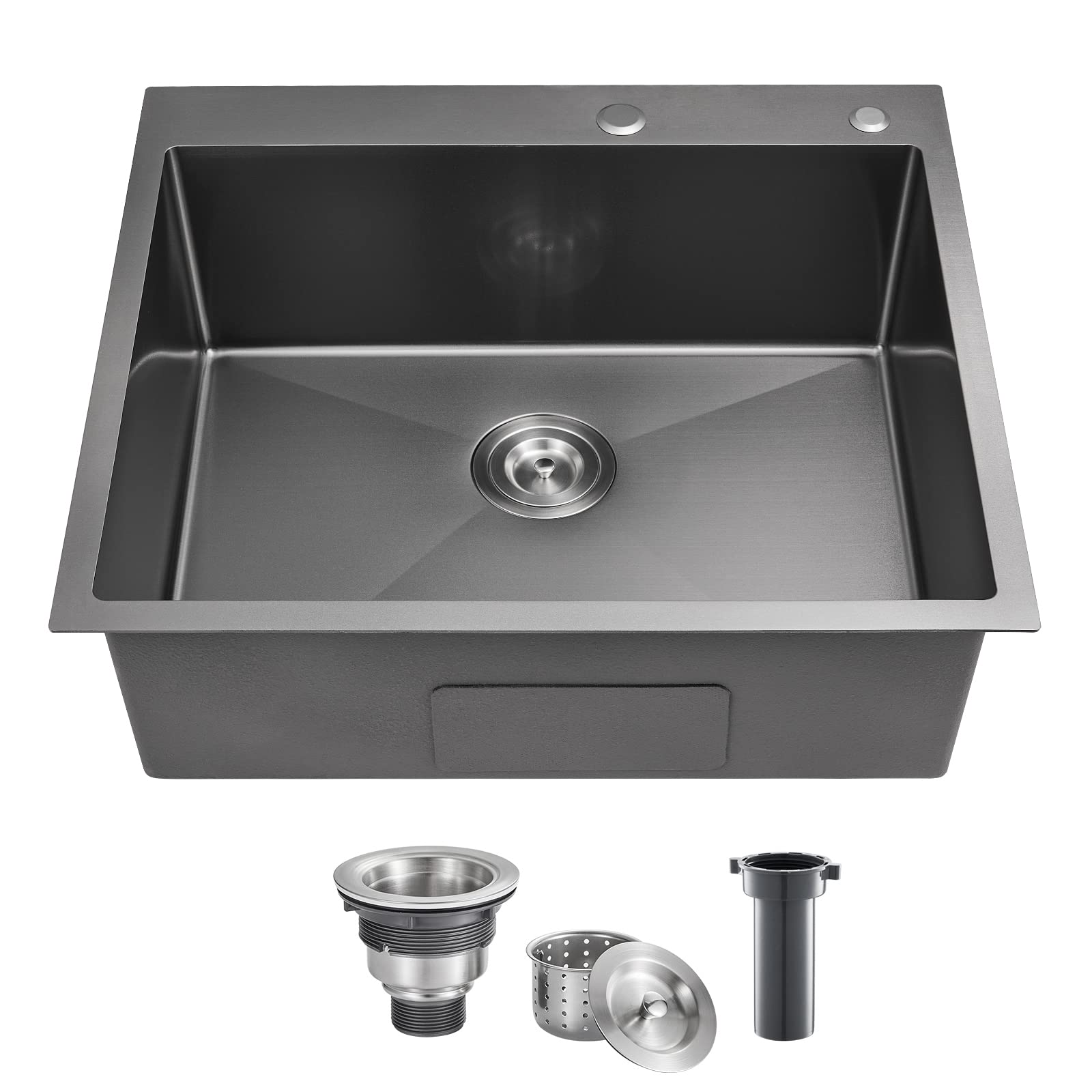 Popfly 25X22 Inch Drop In Black Kitchen Sink, 25 Inch Top Mount 9 Inch Deep Single Bowl Laundry Utility Stainless Steel Outdoor
