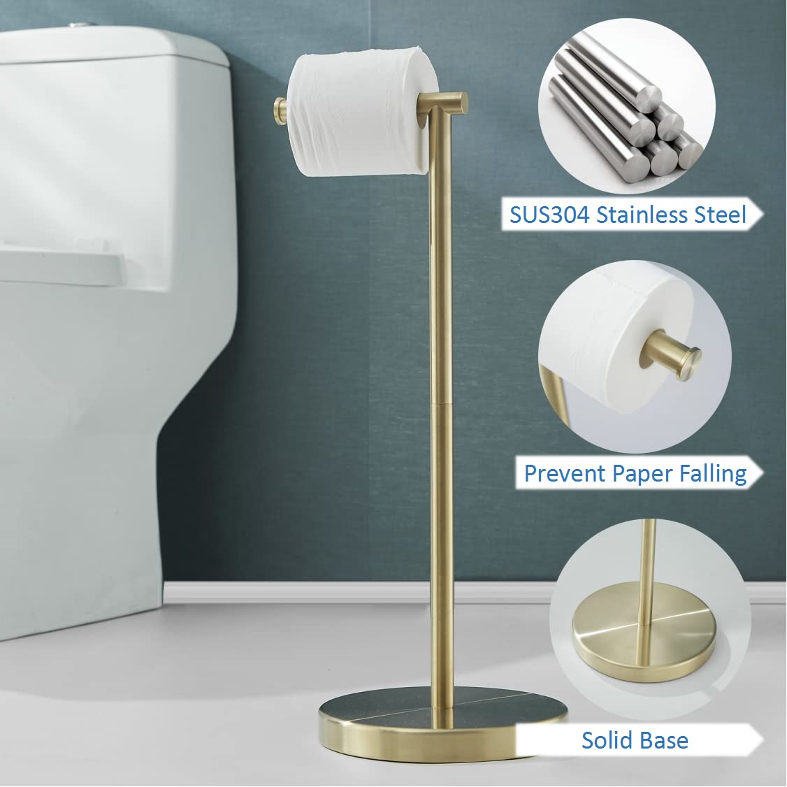 Free Standing Toilet Paper Holder Stand,Gold Bathroom Roll Tissue Dispenser,Rustproof Base Sus 304 Stainless Steel (Brushed Gold