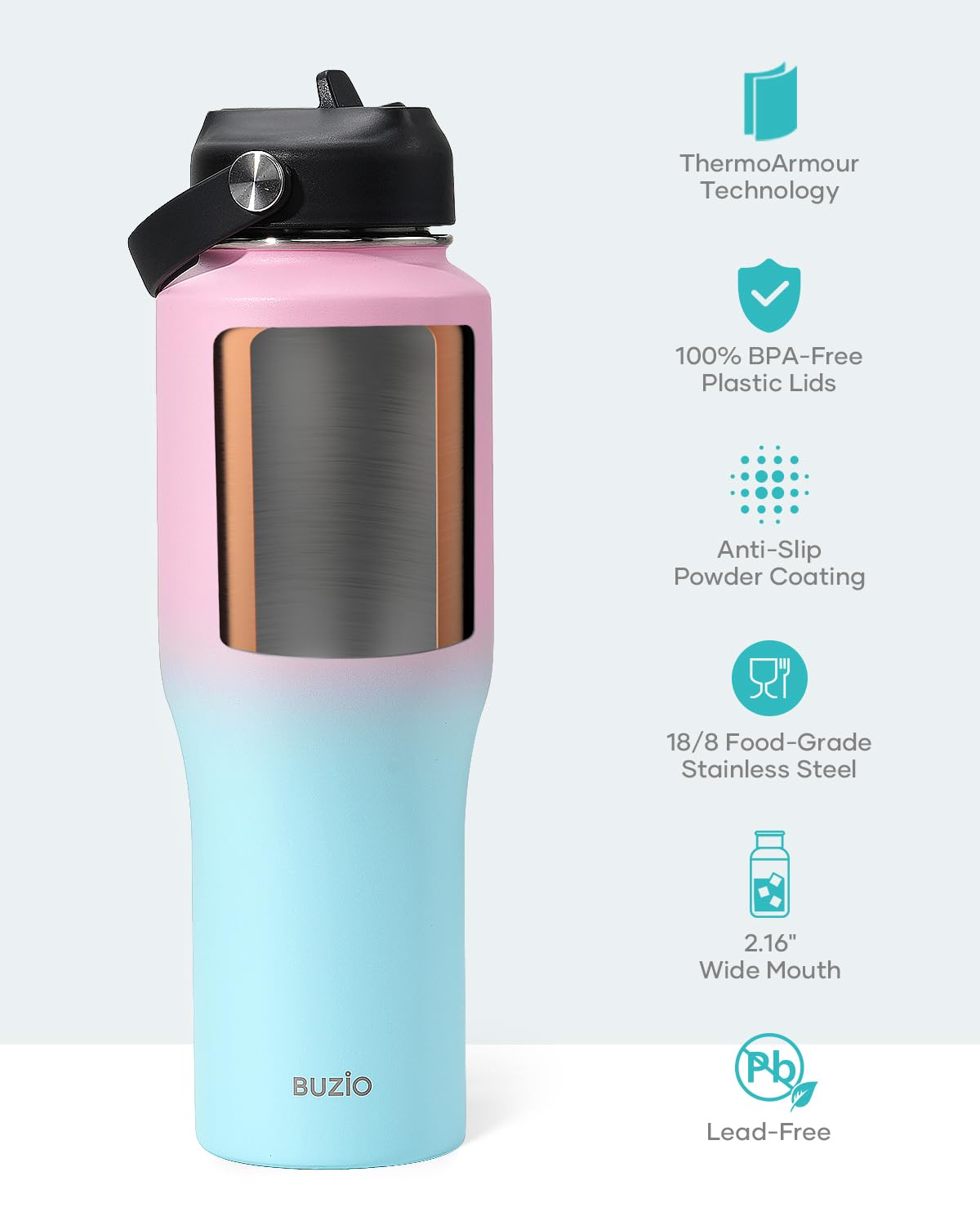 Buzio Stainless Steel Water Bottle Vacuum Insulated (Cold For 48 Hrs, Hot For 24 Hrs),32Oz Tumbler Travel Flask With Straw Lid A