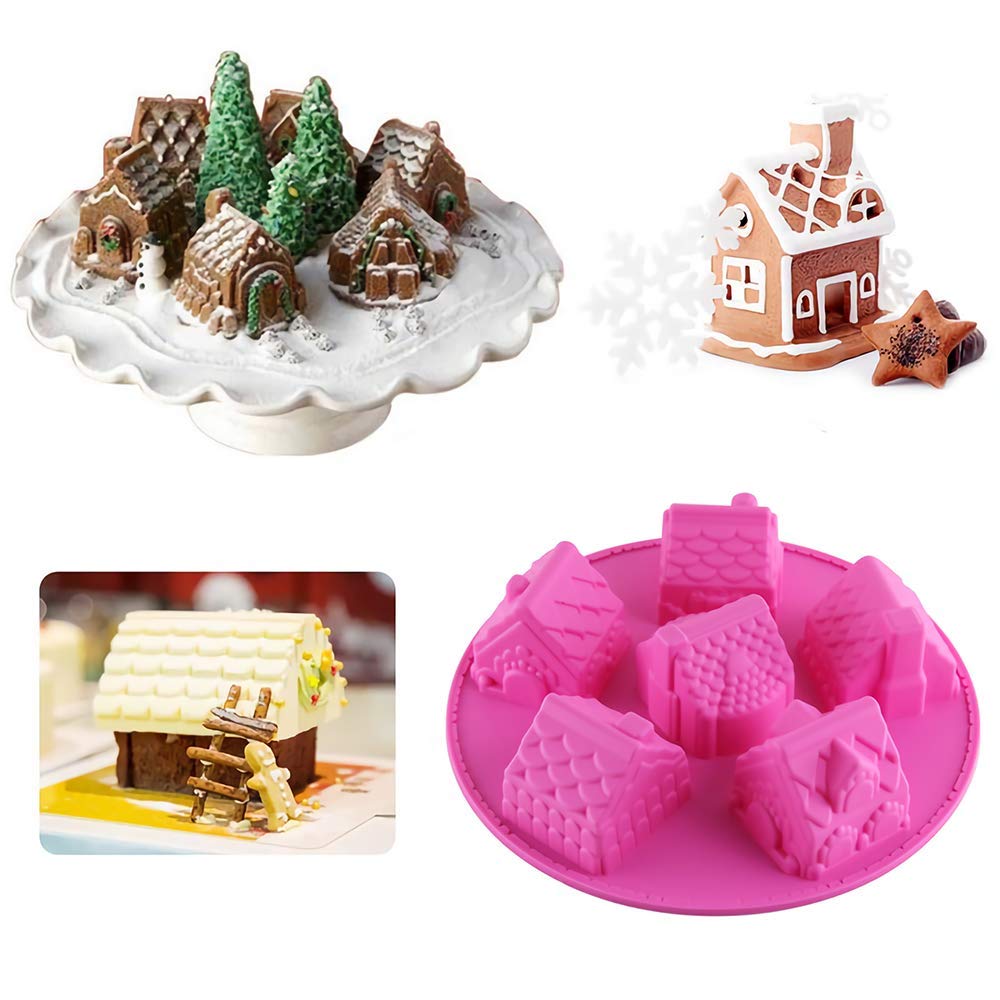 2Pcs 3D Christmas Gingerbread House Silicone Baking Mold, 6 Cavity Cozy Village House Silicone Muffin Cake Baking Pan Chocolate