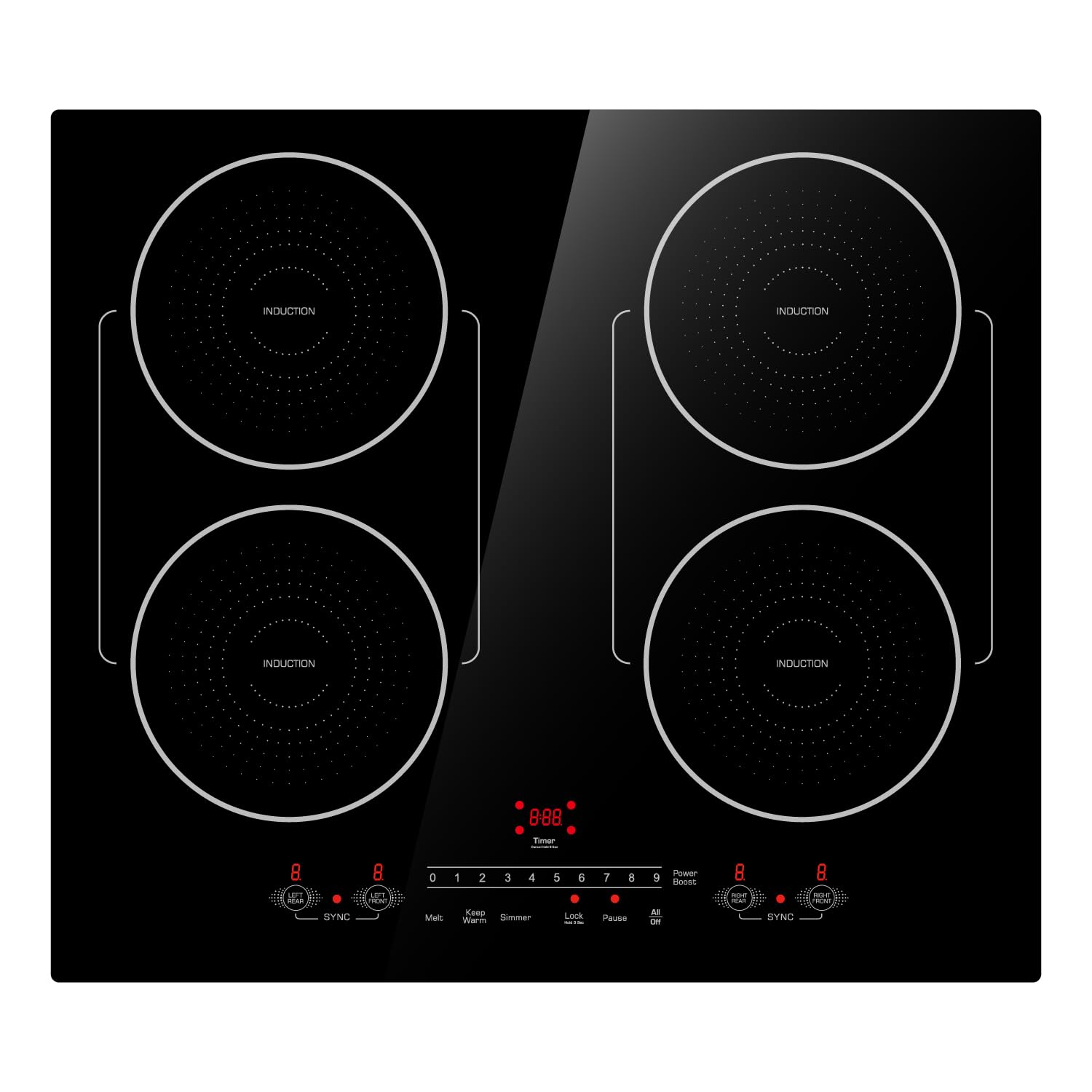 BIGoods 24 Inch Induction Cooktop 4 Burners, Flat Glass Top Electric Stove Hob with Bridge-SYNC, 3 Preset Modes Booster, Timer, 