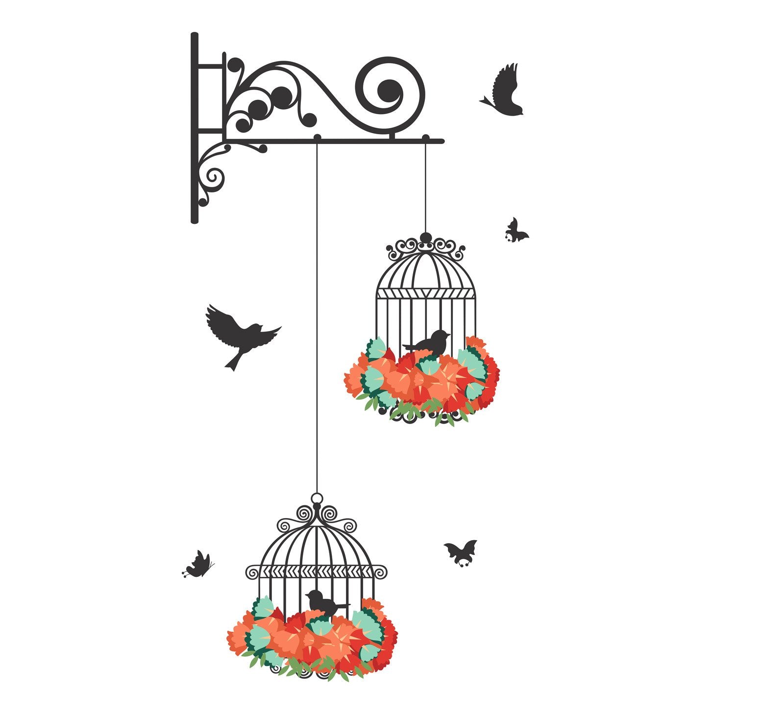 Decals Design Hanging Birds Cage With Flowers' Wall Sticker, Multicolor, 25Cmx70Cm, C1_57000317