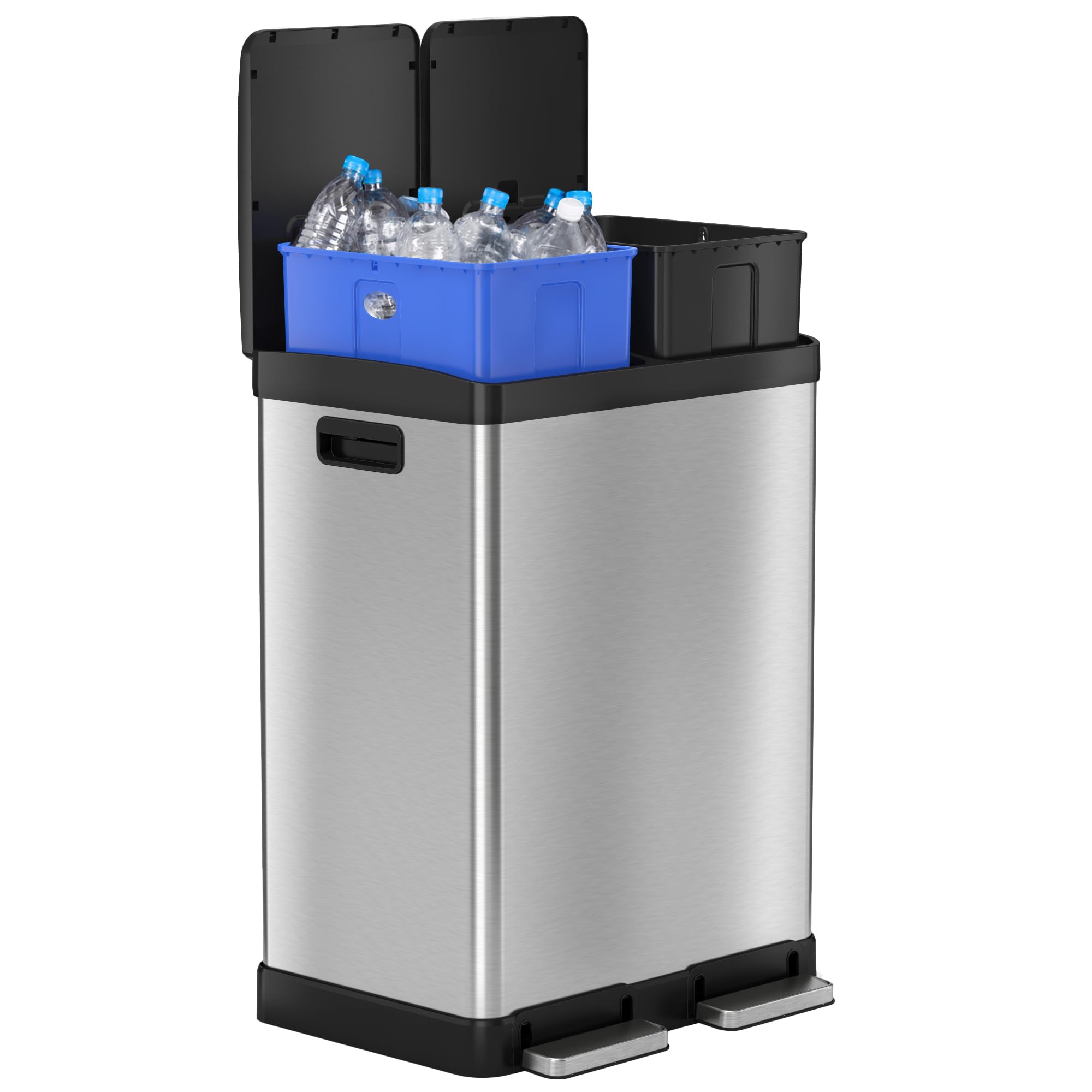 Itouchless 16 Gallon Dual Trash Can And Recycling Bin For Kitchen With Odor Filters, Stainless Steel Trashcan, 2 X 8-Gal (30L) I