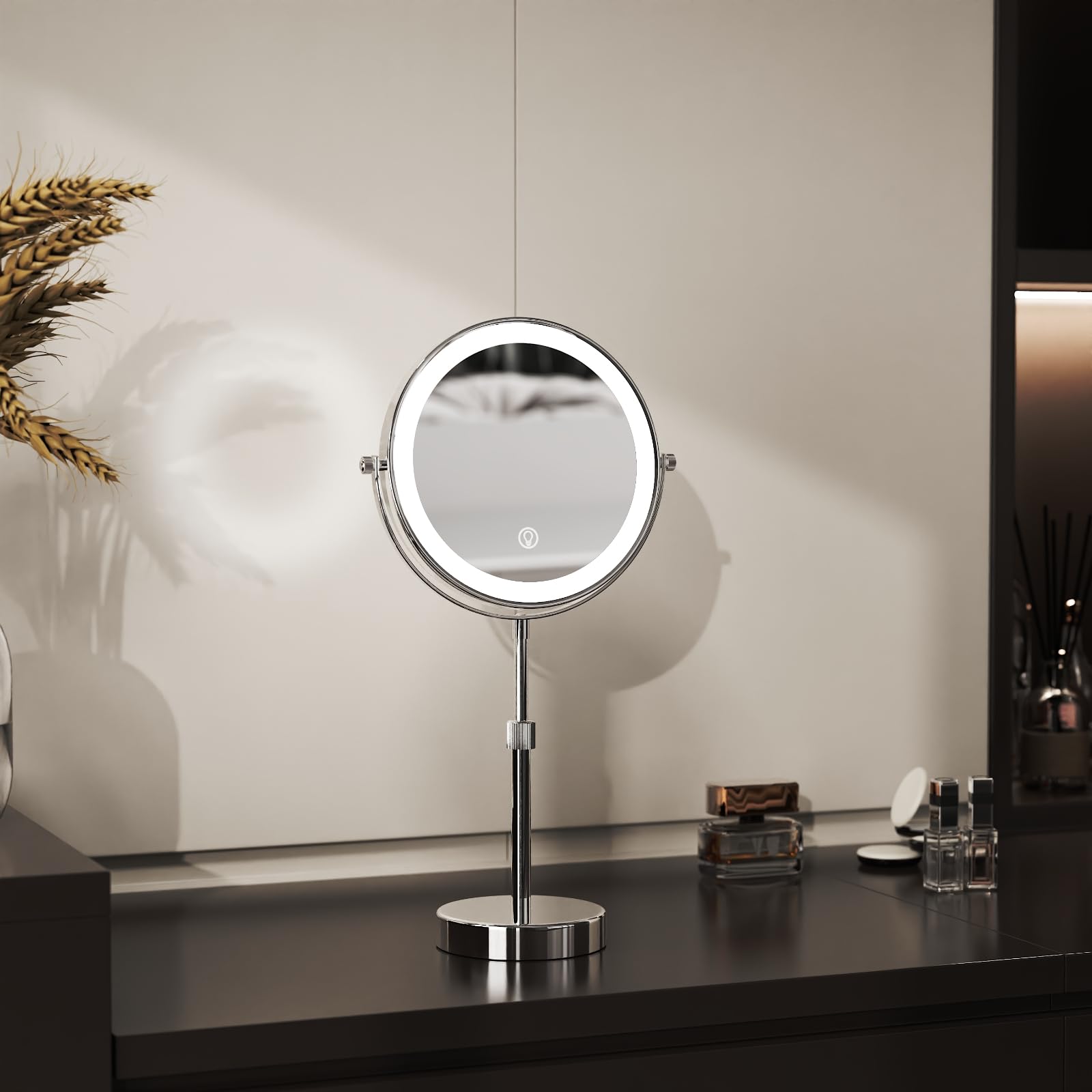 Nicesail Led Lighted Tabletop Makeup Mirror Of 8 Inch, Rechargeable Mirror With Light Of 3 Colors, Brightness Adjustable, Height
