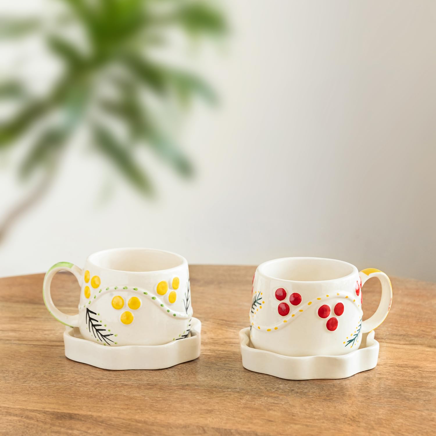 Exclusivelane Sunbeam Bloom HandPainted Ceramic Tea Cup With Saucer Ceramic Coffee Cups Chai Tea Cup (Set Of 2, Microwave Saf