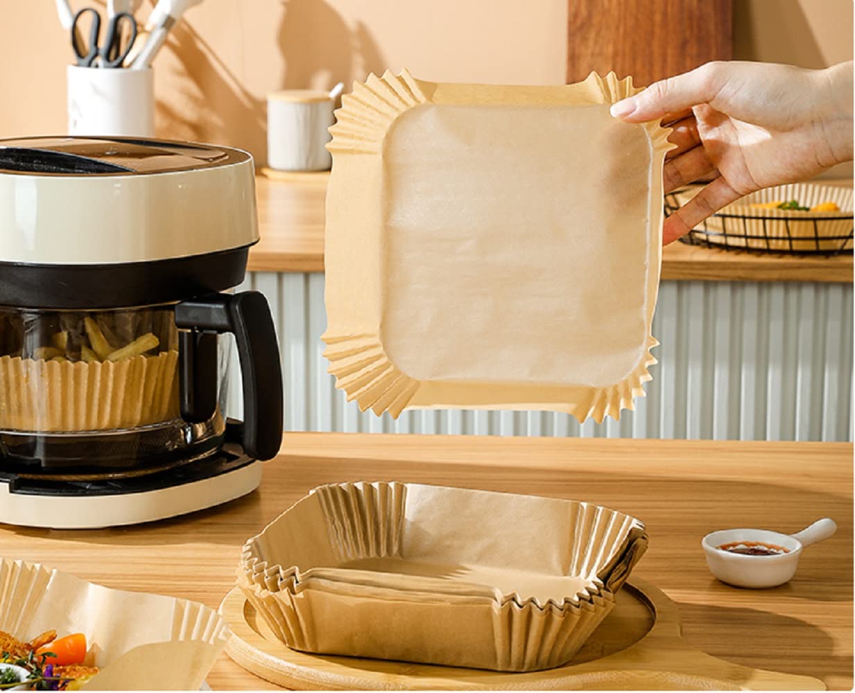 Uhouse 120Pcs Square Air Fryer Disposable Paper Liner, 7.9 Inch Non-Stick Air Fryer Disposable Liners, Food Grade Parchment,Baki