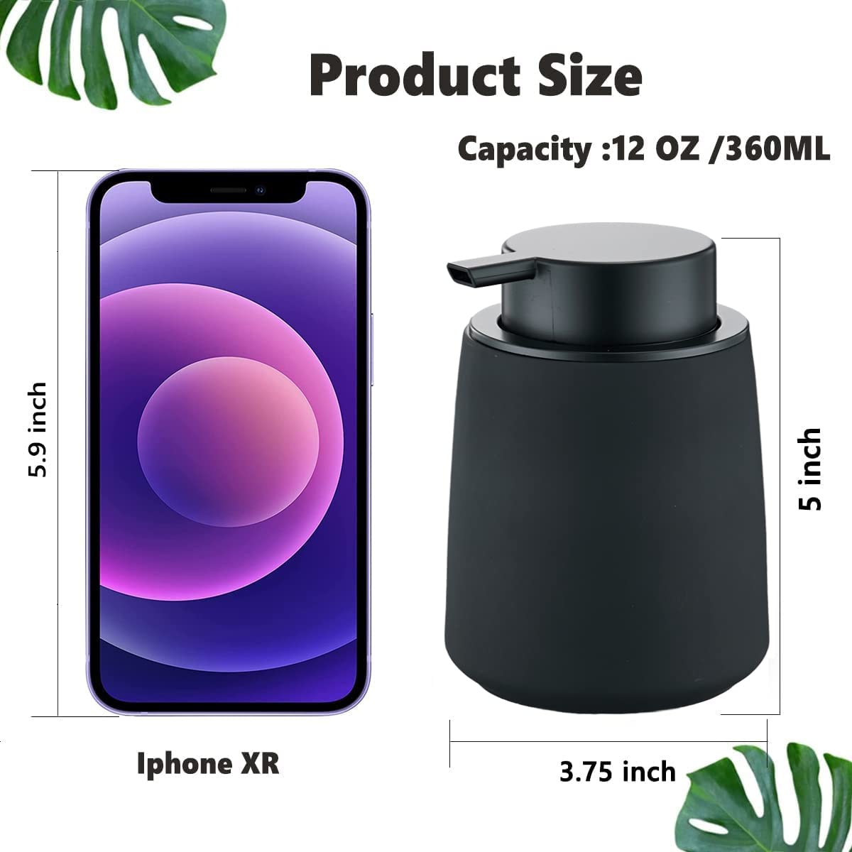 12Oz Black Soap Dispenser - Ceramic Lotion Hand Soap Dispenser For Bathroom With Easy-To-Press Pump, Modern Refillable Liquid Ha