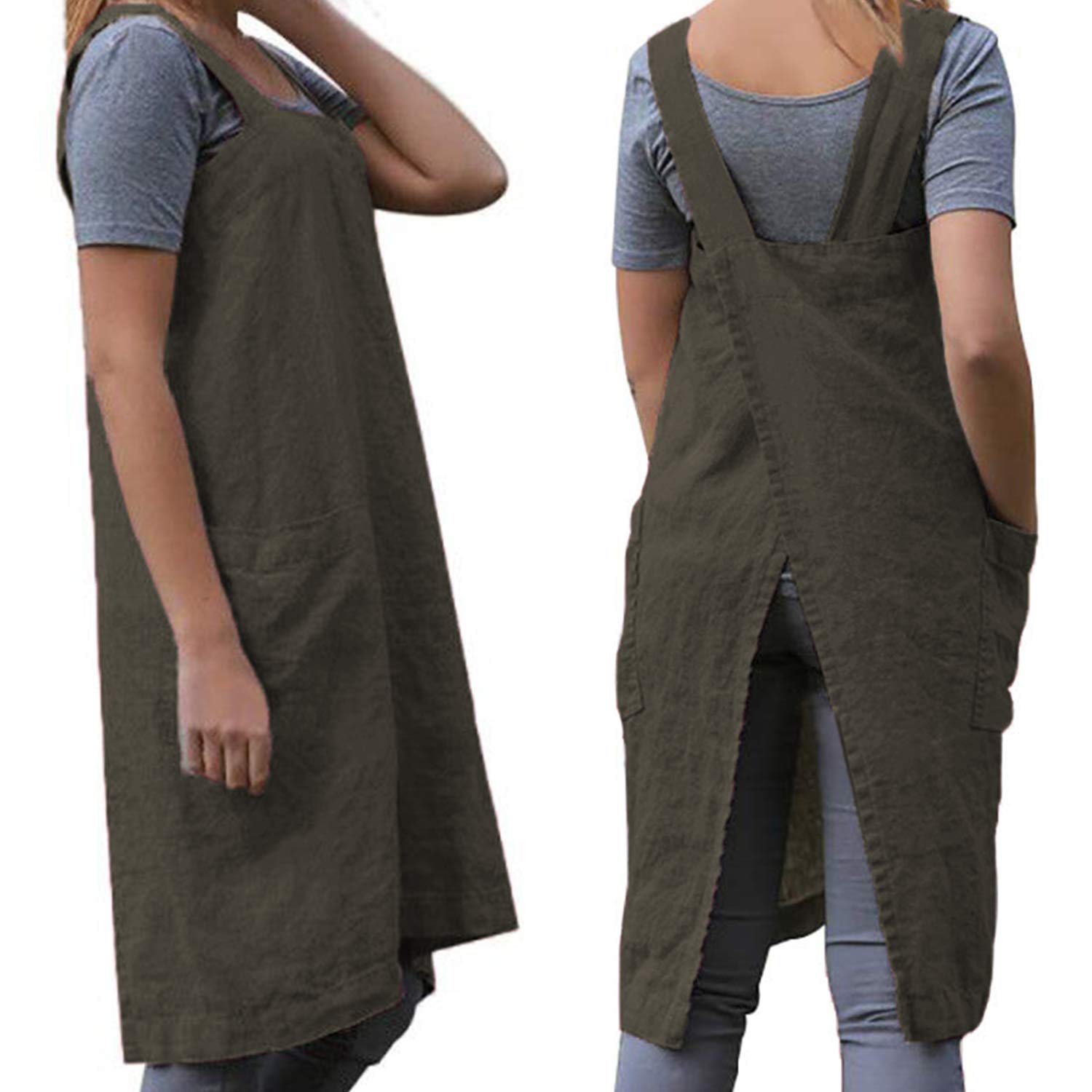 Women 'S Cross Back Pinafore Apron With Large Pockets Home Kitchen, Restaurant, Coffee House,Cooking Gardening Works Armygreen-S