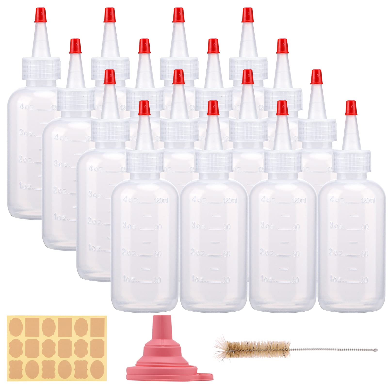 Cucumi 16Pcs 4Oz Plastic Squeeze Bottles, With Red Tip Caps And Measurement, With Extra 1 Funnel, 18 Kraft Paper Stickers And 1