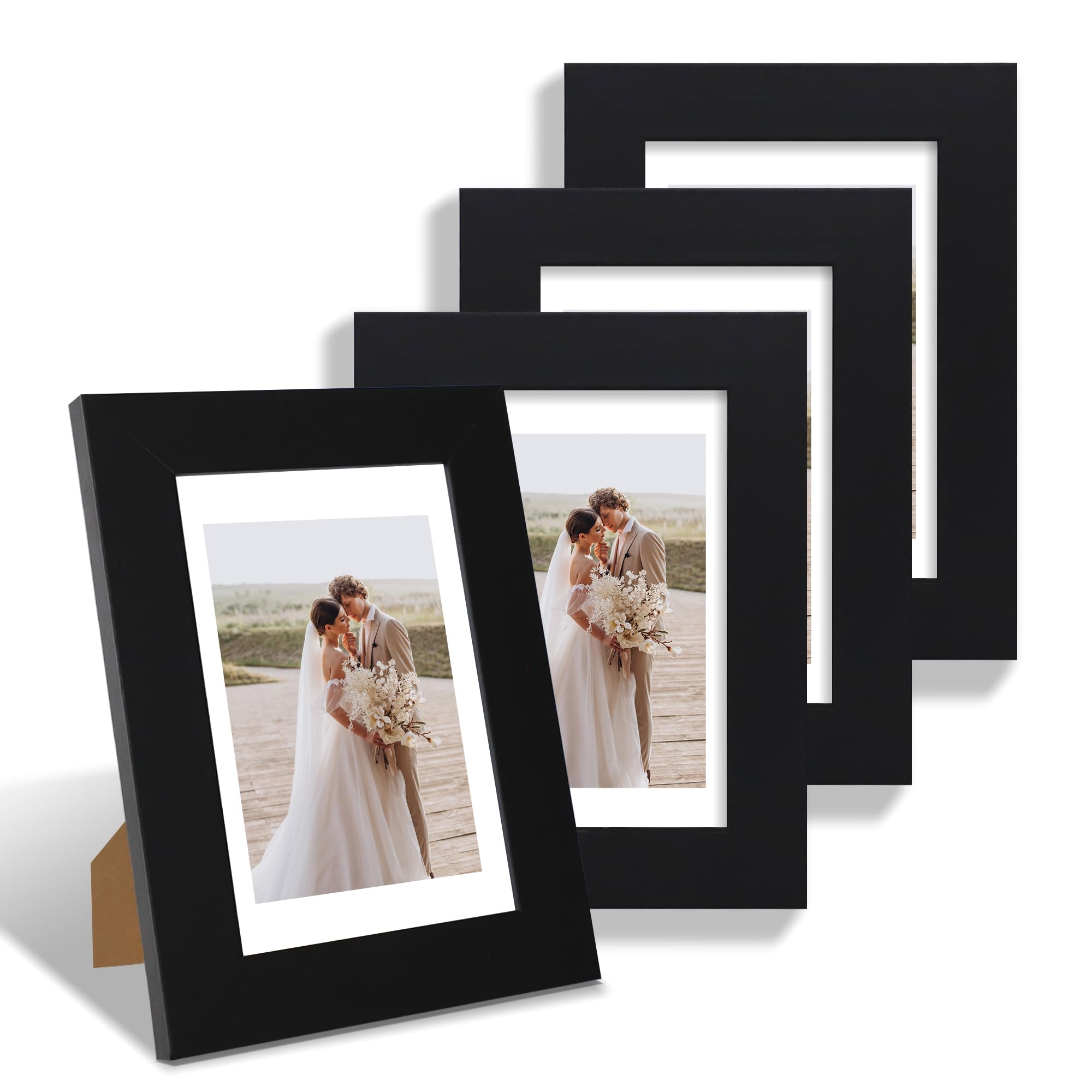 Hongkee 4x6 Picture Frame Set of 4, Made of Real Glass and Black Wooden Frame, 4 by 6 Photo for Wall or Tabletop - Display Pictu
