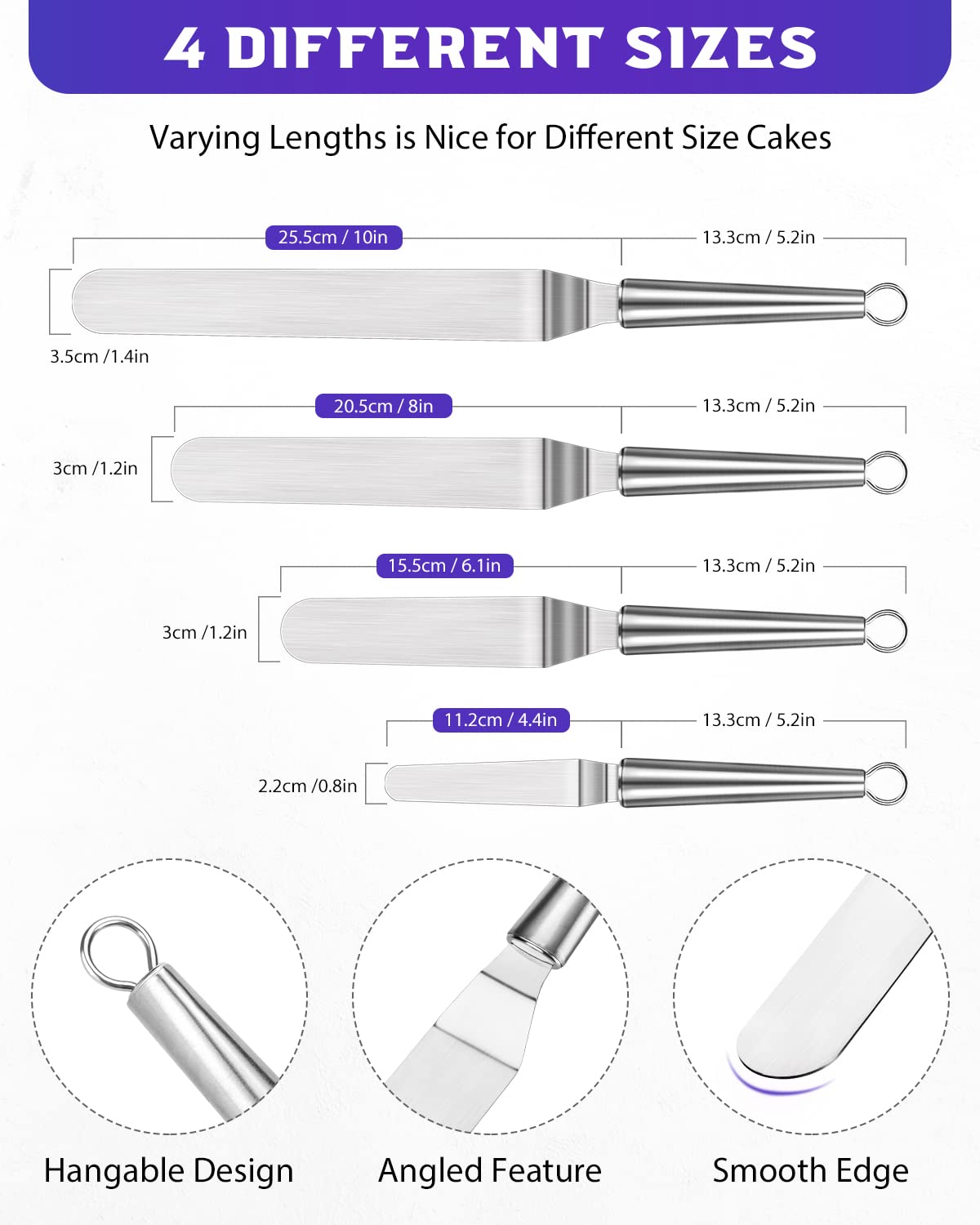 Offset Icing Spatula, Cake Angled Spatula Set With 4, 6, 8 & 10 Inch Blades, Stainless Steel Handle Suitable For Home, Kitchen O