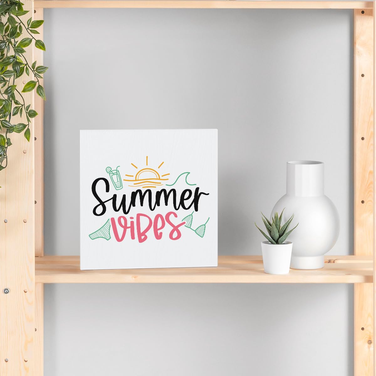 Summer Room Decor, Summer Vibes Beachy Decor for Home Office Farmhouse Wooden Box Sign Plaque for Bathroom Bedroom Living Room C