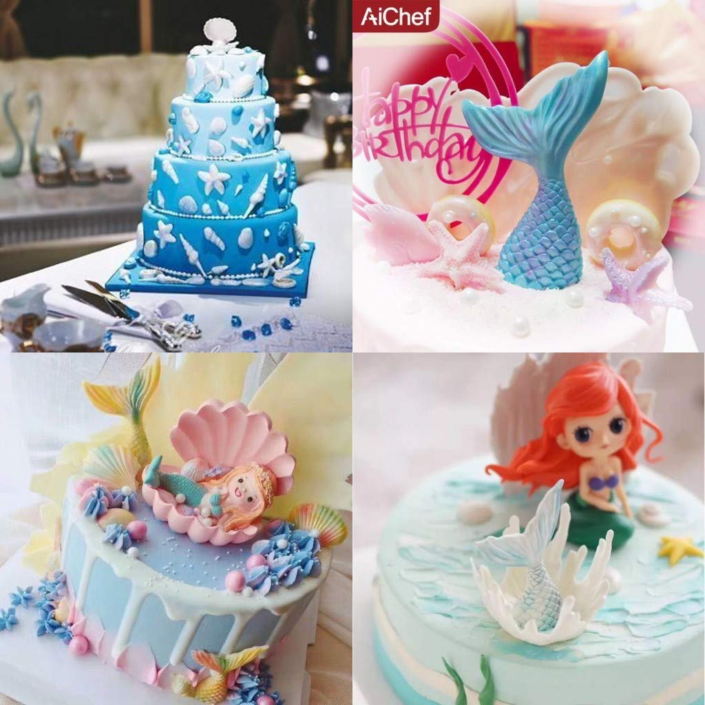 Mermaid Theme Cake Mold,Mermaid,Seashell,Coral,Starfish Silicone Mold Cupcake Toppers Mold For Candy,Chocolate,Fondant,Polymer C