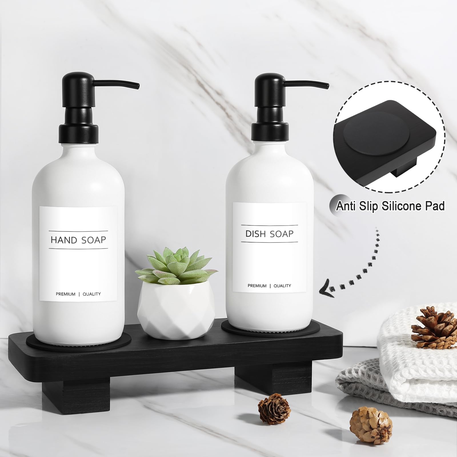 Kasunting Hand Soap Dispenser For Kitchen, White Soap Dispenser With Stainless Steel Pump, Bathroom Soap Dispenser Set With Wood