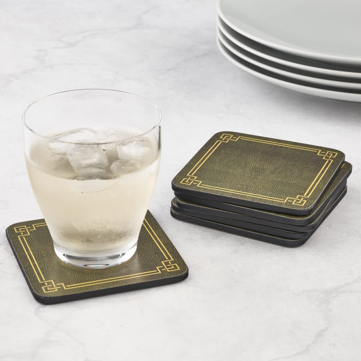 Pimpernel Shagreen Leather Coasters  Set of 6  Cork Backed Board  Heat and Stain Resistant  Drinks Coaster for Tabletop Protection  Measures 4 x 4