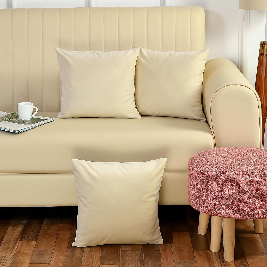 Stuffique Velvet Pillow Solid Plain 190 Tc Cushion Covers Pack Of 3 (16 X 16 Inch) Cream