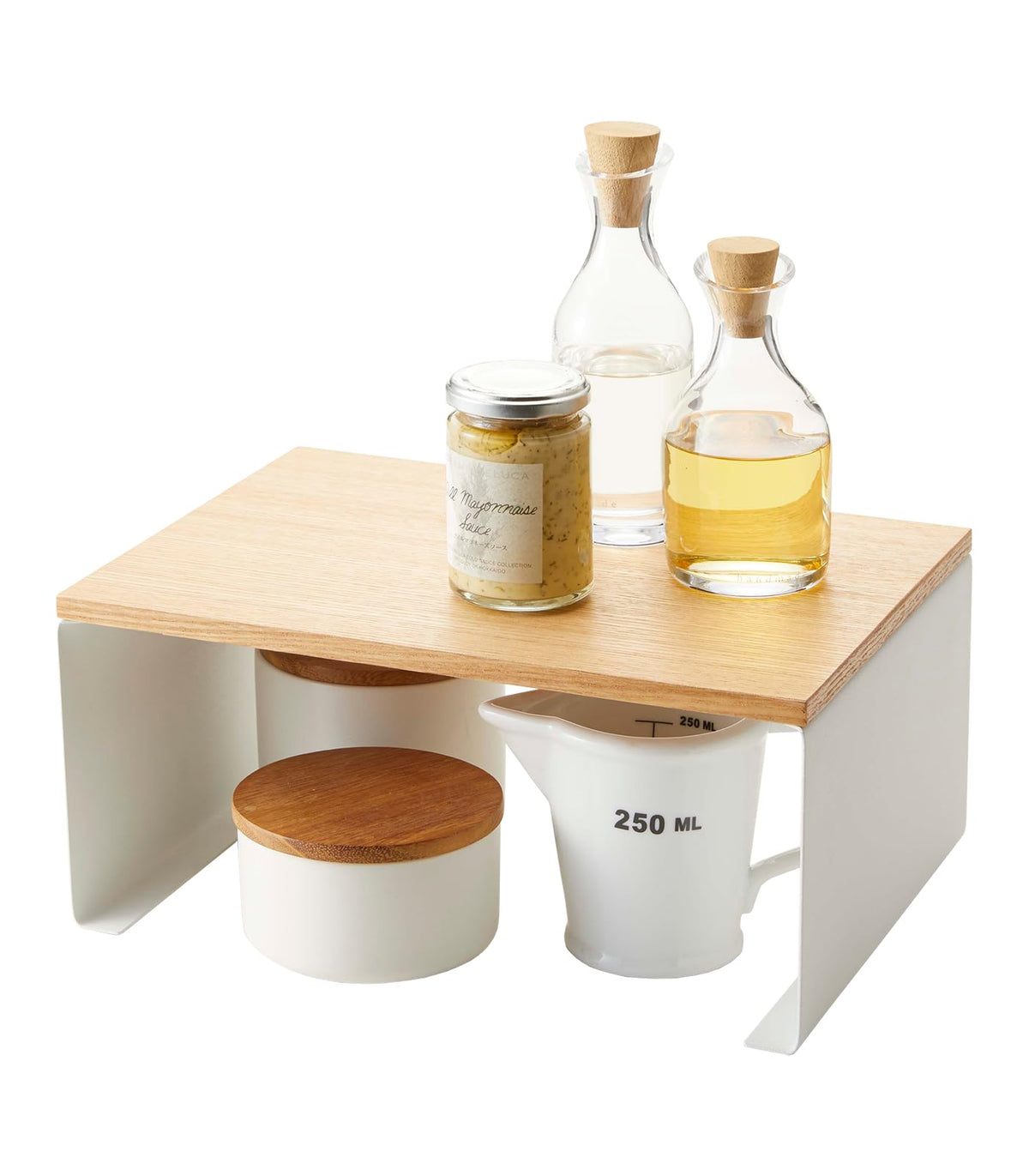Yamazaki Home Wood-Top Stackable Kitchen Rack - Modern Counter Shelf Organizer Steel + WoodLargeWhite