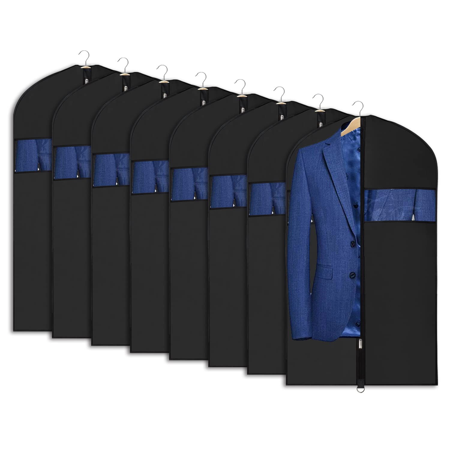 Univivi 8 Pack Suit Bags 43'' Waterproof Black Garment Bag, Coat Covers From Dust With Zipper And Transparent Window, For Hangin