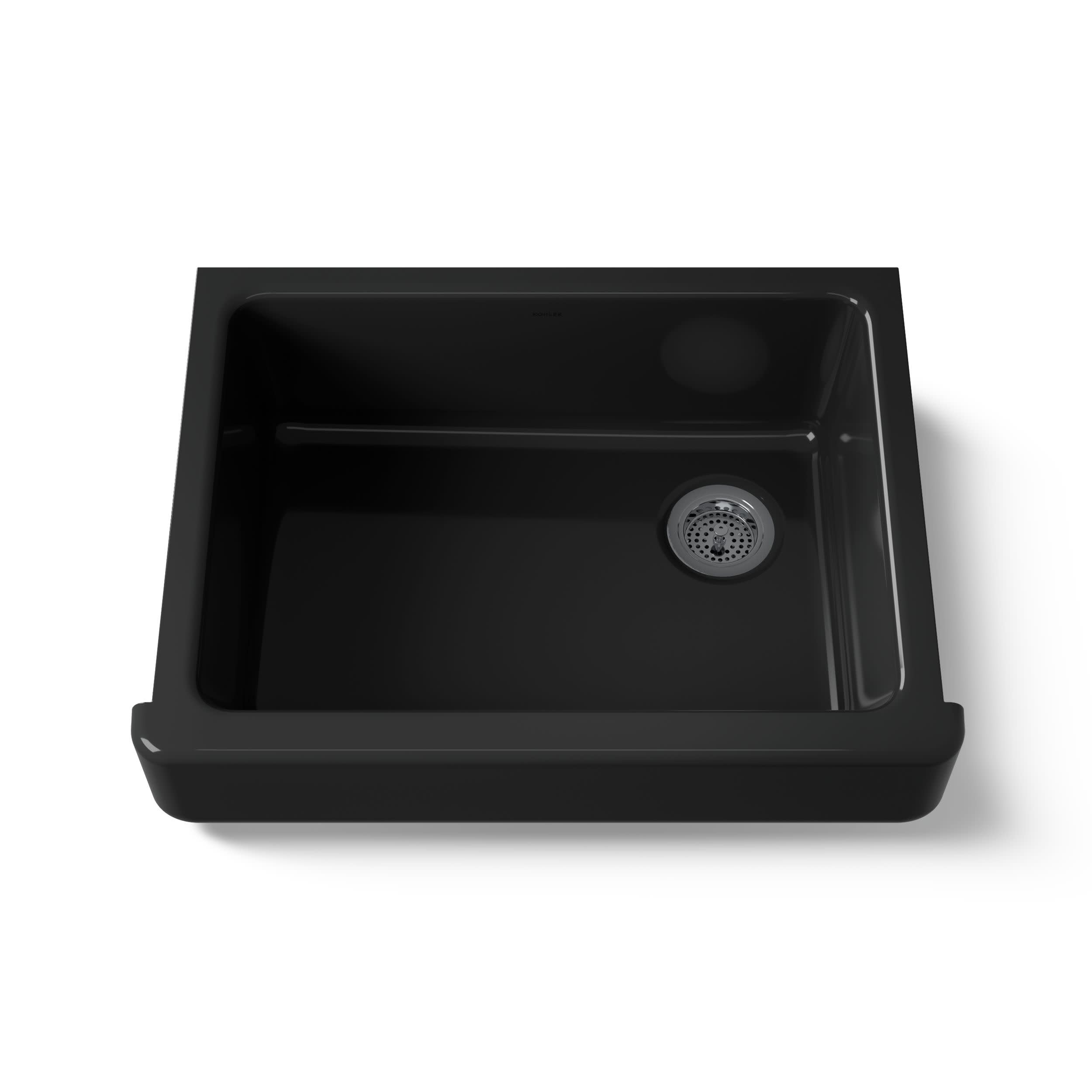 KOHLER Whitehaven 29-1/2 Farmhouse Sink, Self-Trimming Apron, Single Bowl Kitchen Sinks with Short Apron, K-6486-7, Black/Black