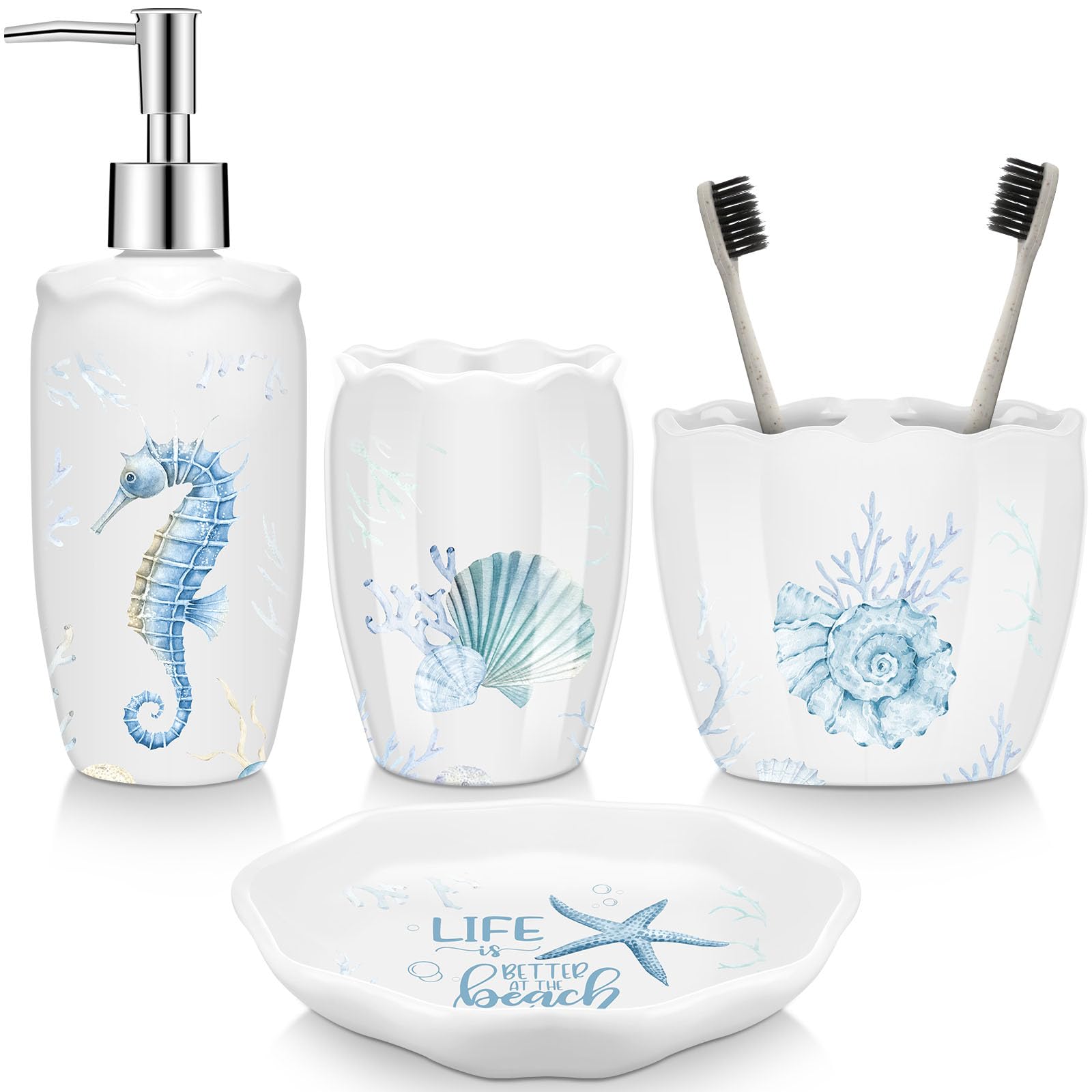 Vesici 4 Pcs Beach Bathroom Accessories, Ocean Animals Bathroom Decor, Under the Sea Tumbler, Soap Dispenser, Toothbrush Holder,