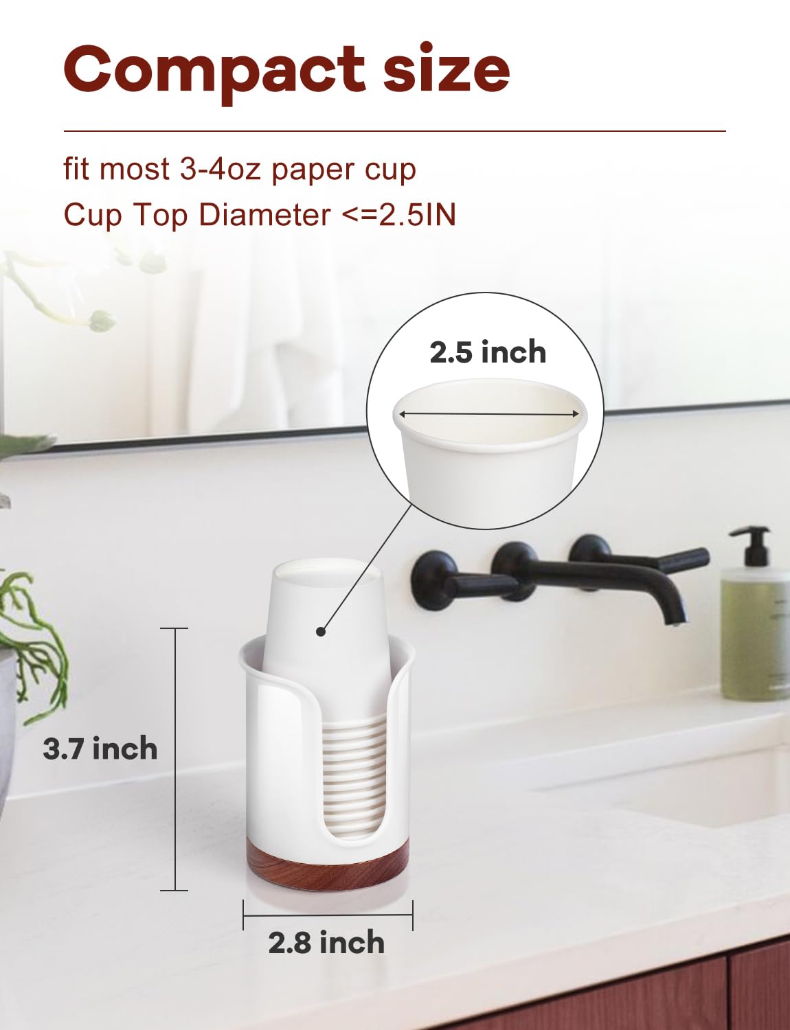 Premium Bathroom Cup Dispenser - Compact Cup Holder For Dixie Cups 3 Oz Cups, 3 4 Ounce Mouthwash Cup Dispenser - Pc/Walnut, Whi