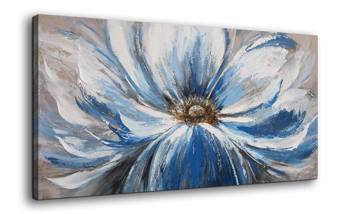 Flower Canvas Wall Art For Living Room Large White Blue Flower Picture Giclee Print Painting Wall Decor Framed Artwork Ready To