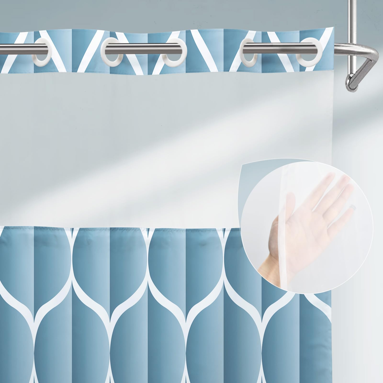 Yiatn No Hook Moonlight Blue Shower Curtain With Snap In Fabric Liner Set - Hotel Style With See Through Mesh Top Window, Modern