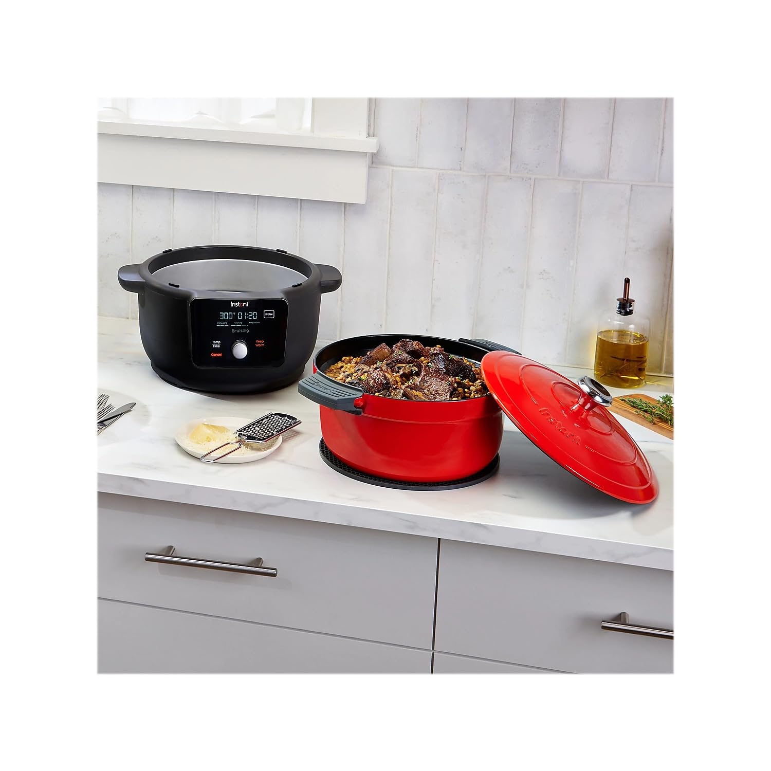 6-Quart 1500W Electric Dutch Oven With Recipe Book - Braise, Slow Cook, Sear, Warm, Red Enameled Cast Iron