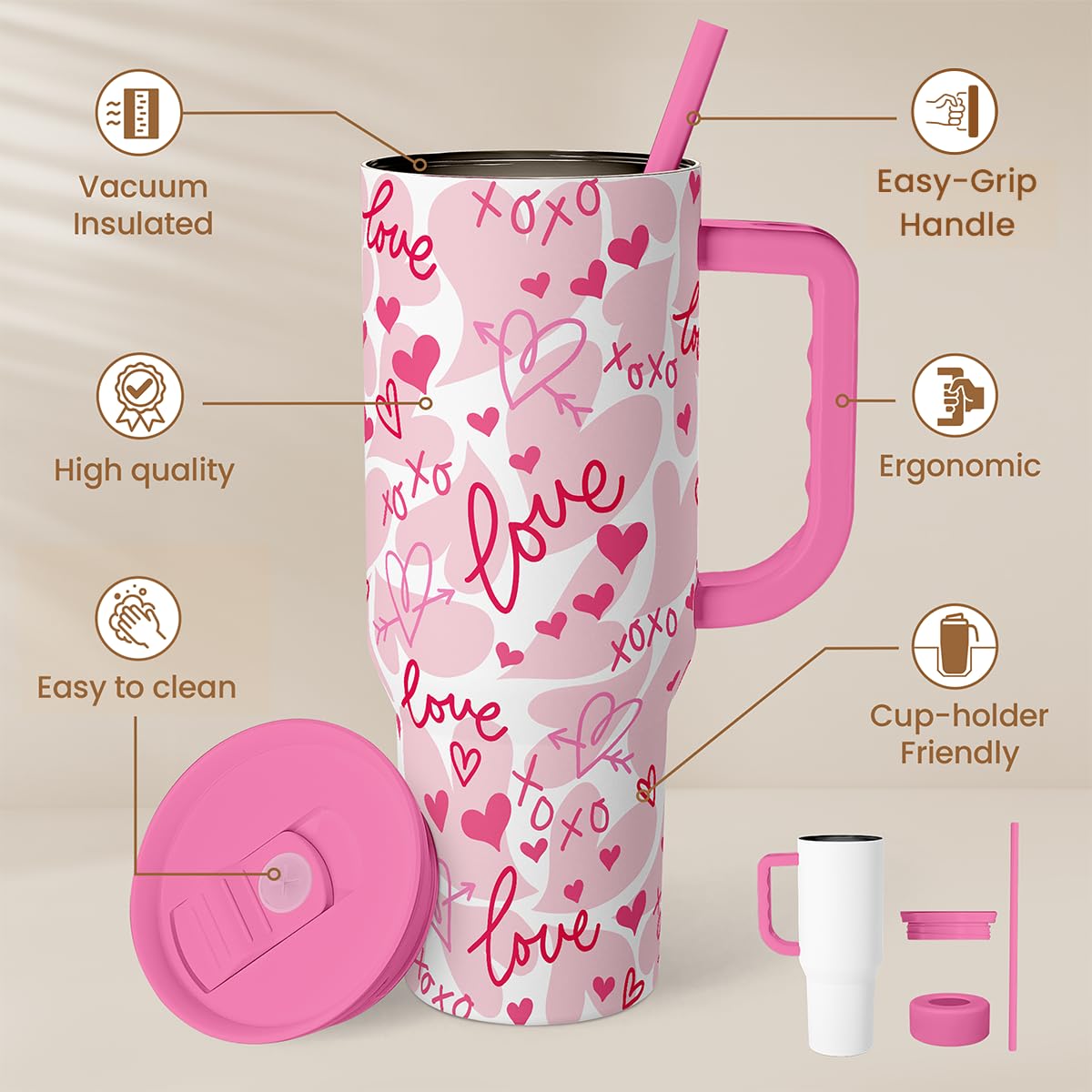 SANDJEST Heart Tumbler with Handle 40oz, Valentines Stainless Steel Insulated Tumblers Coffee Travel Cup with Straw Lid, Gifts f