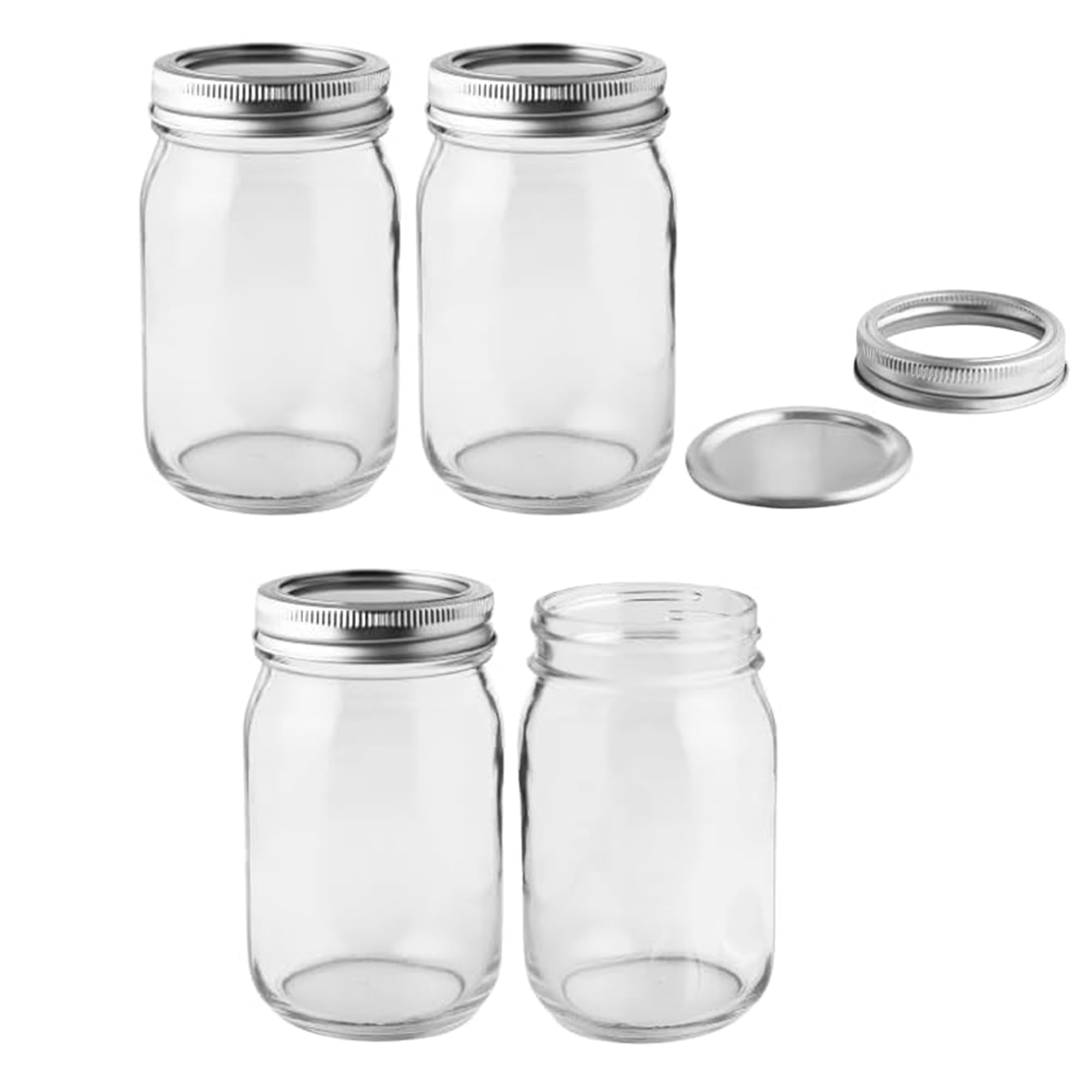 FastRack Regular Mouth Mason Jars 16 oz with Airtight Lids - Pack of 4 | Empty Glass Canning Jars for Food Storage, Fermentation