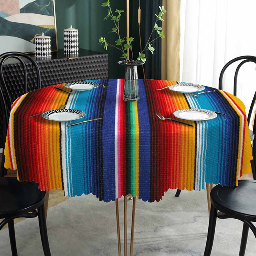 Aoyego Colorful Mexican Table Cloth Stripes Lines Native Art Feature Bright Round Tablecloth 60 Inch For Dining Room, Party, Ban