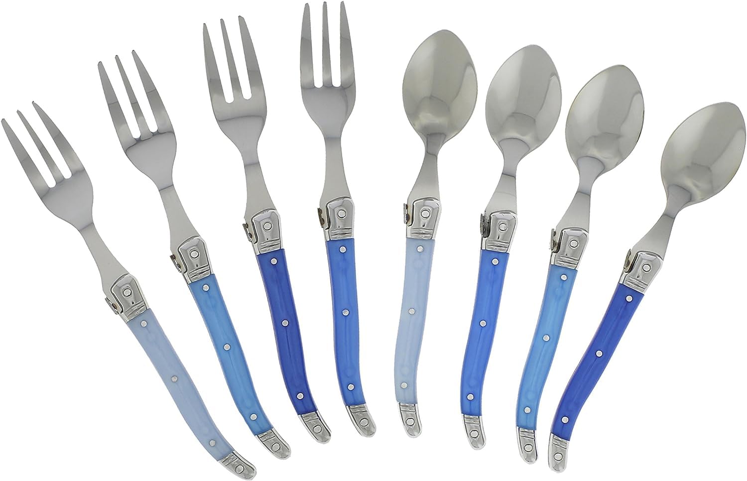 French Home Laguiole Dessert Spoons & Forks Set Of 8 (Shades Of Blue Handles) - Stainless Steel Cutlery Set For Fruits, Cheese &