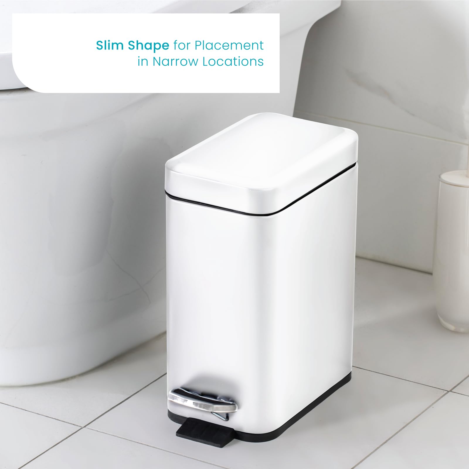Home Zone Living Stainless Steel Bathroom Trash Can, 1.3 Gallon, Slim Shape, Step Pedal, Matte White, Model VA42281A